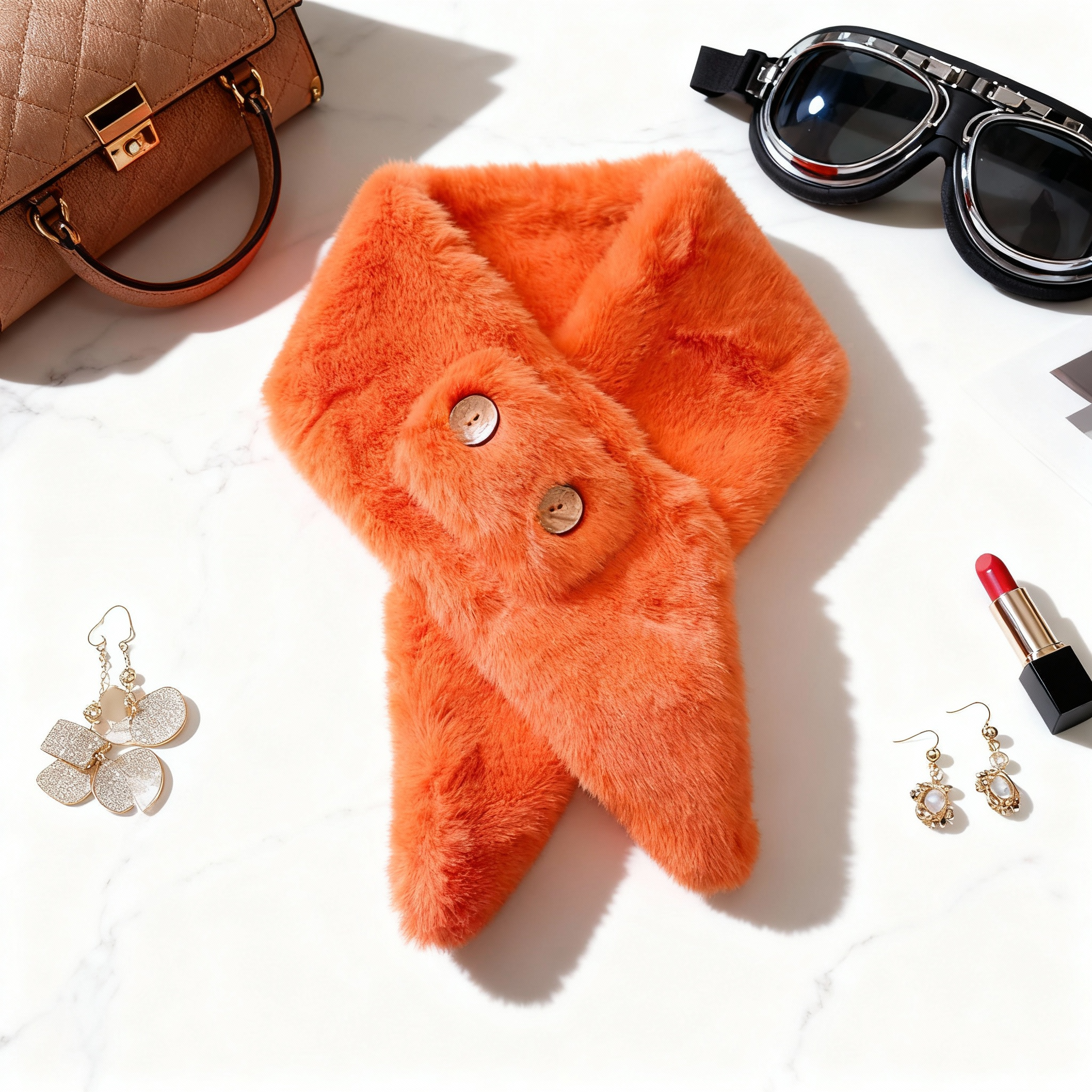 Orange Fur Collar with Buttons for Women-1