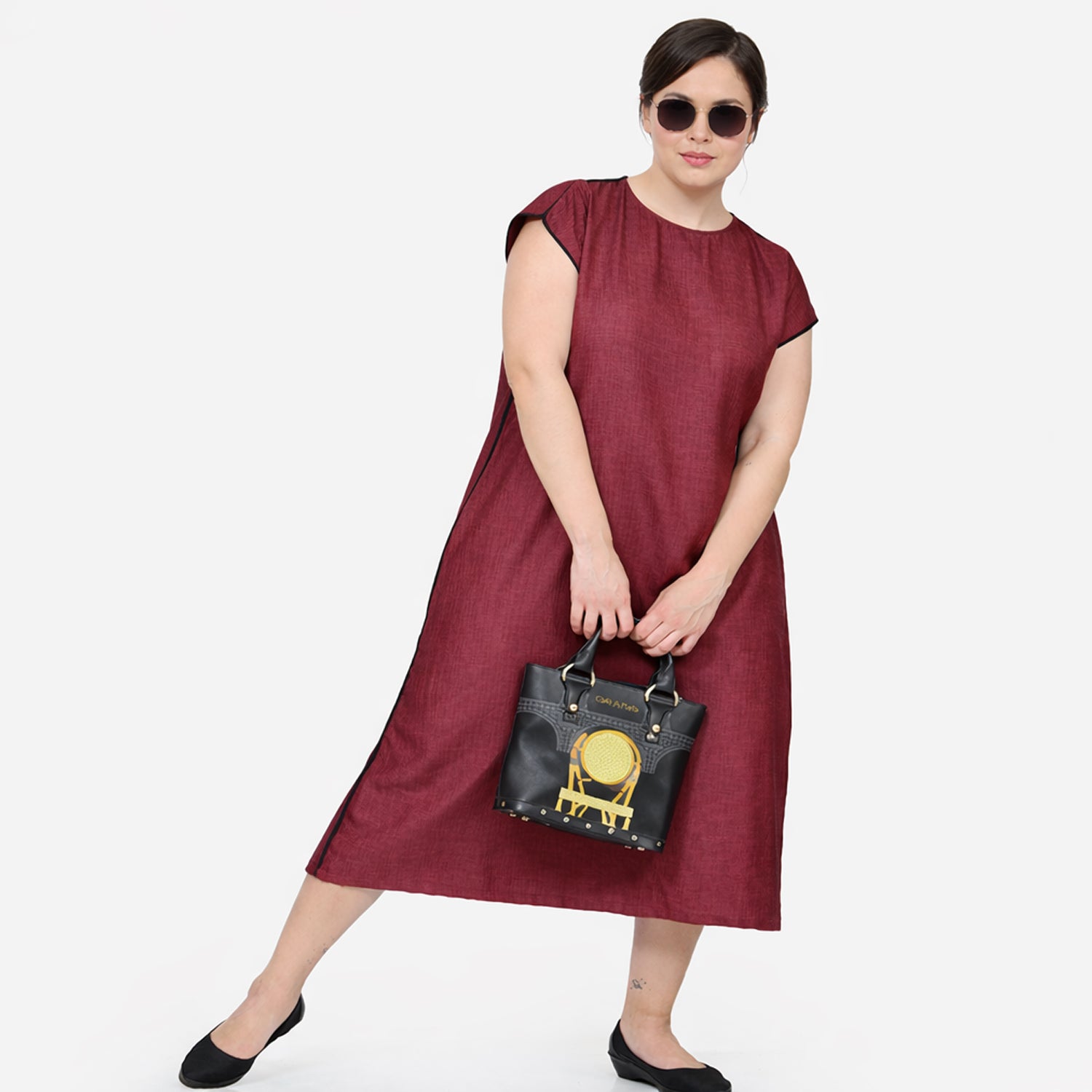 Wine Texture Line Dress With Piping At Shoulder