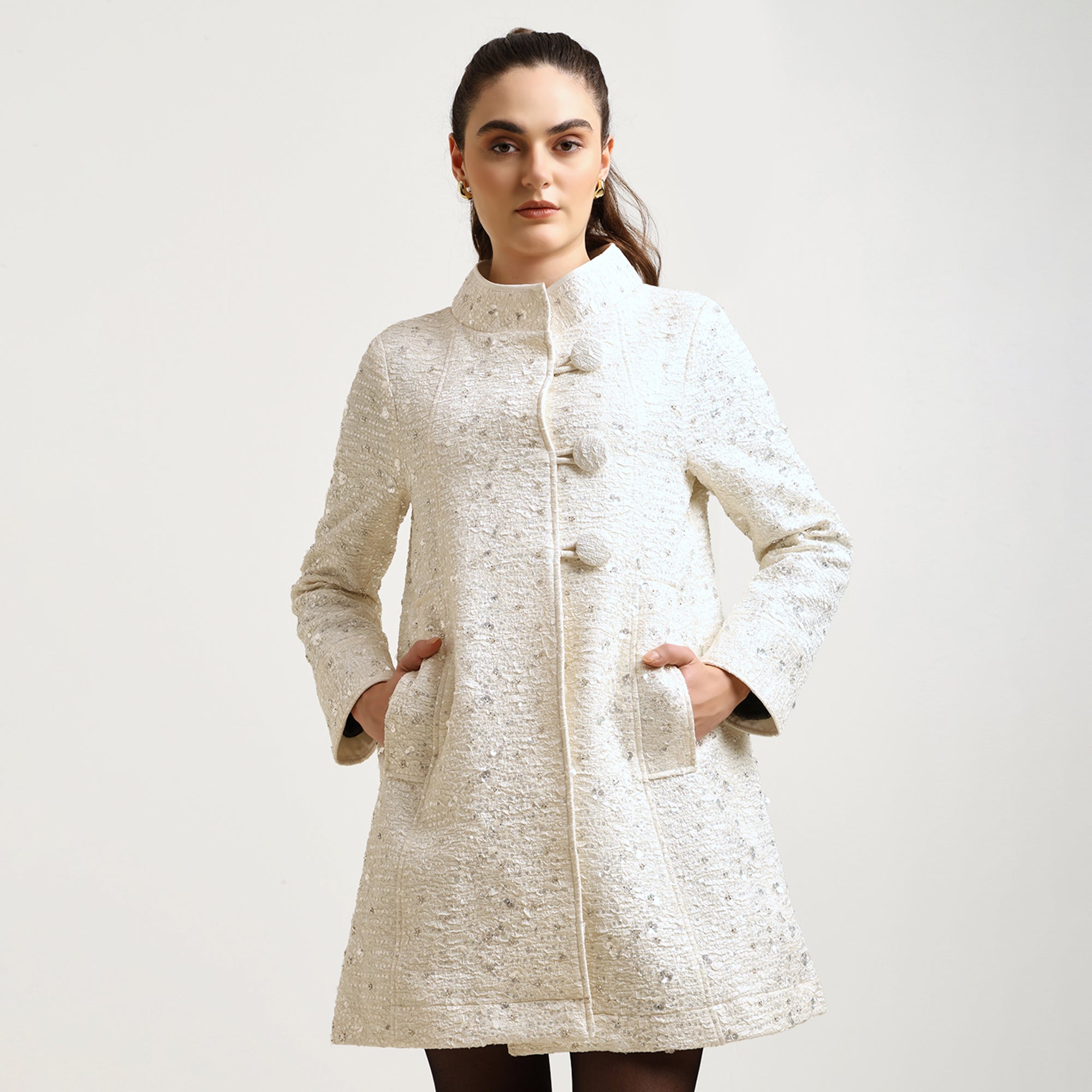 Off White Textured Sequence Over Coat