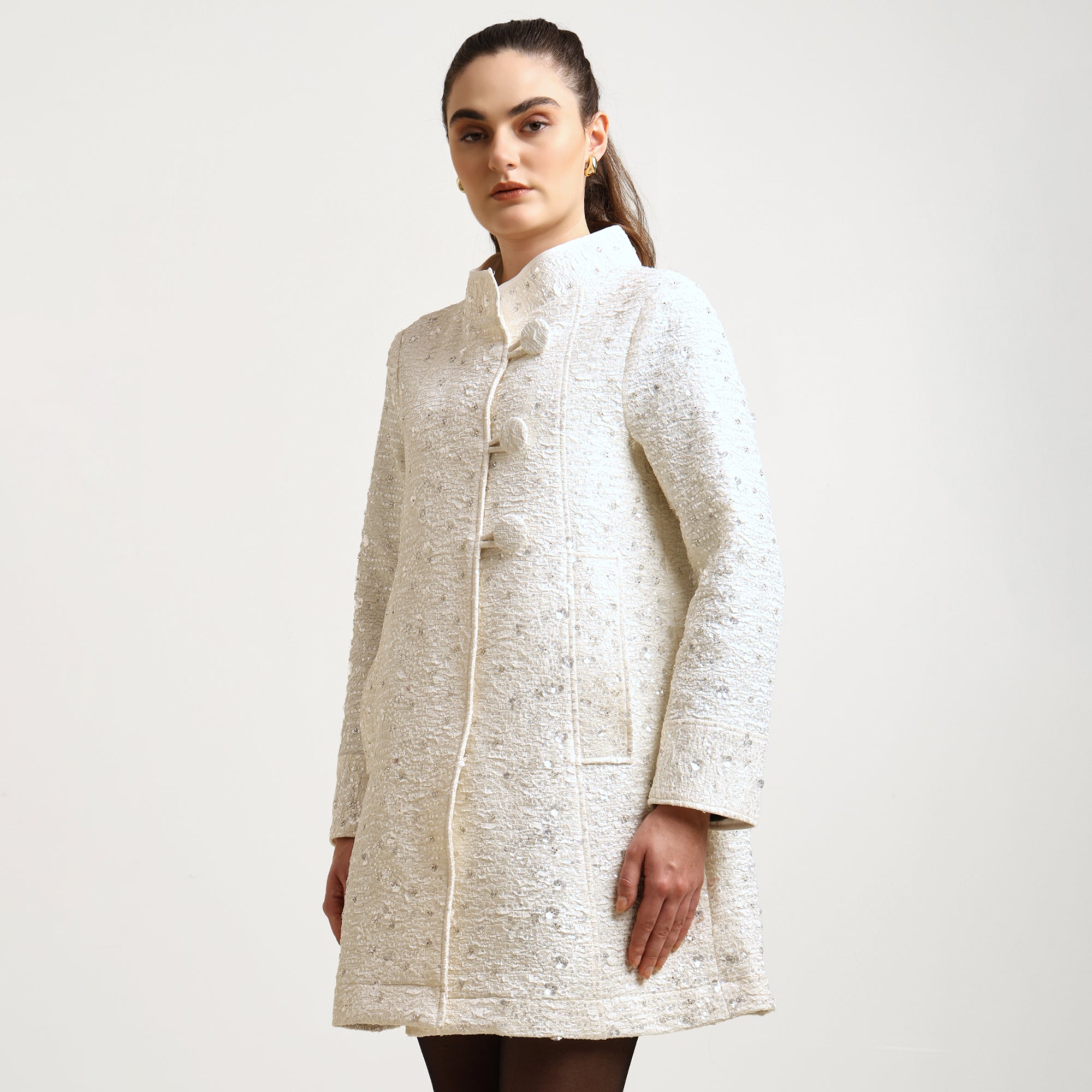 Off White Textured Sequence Over Coat