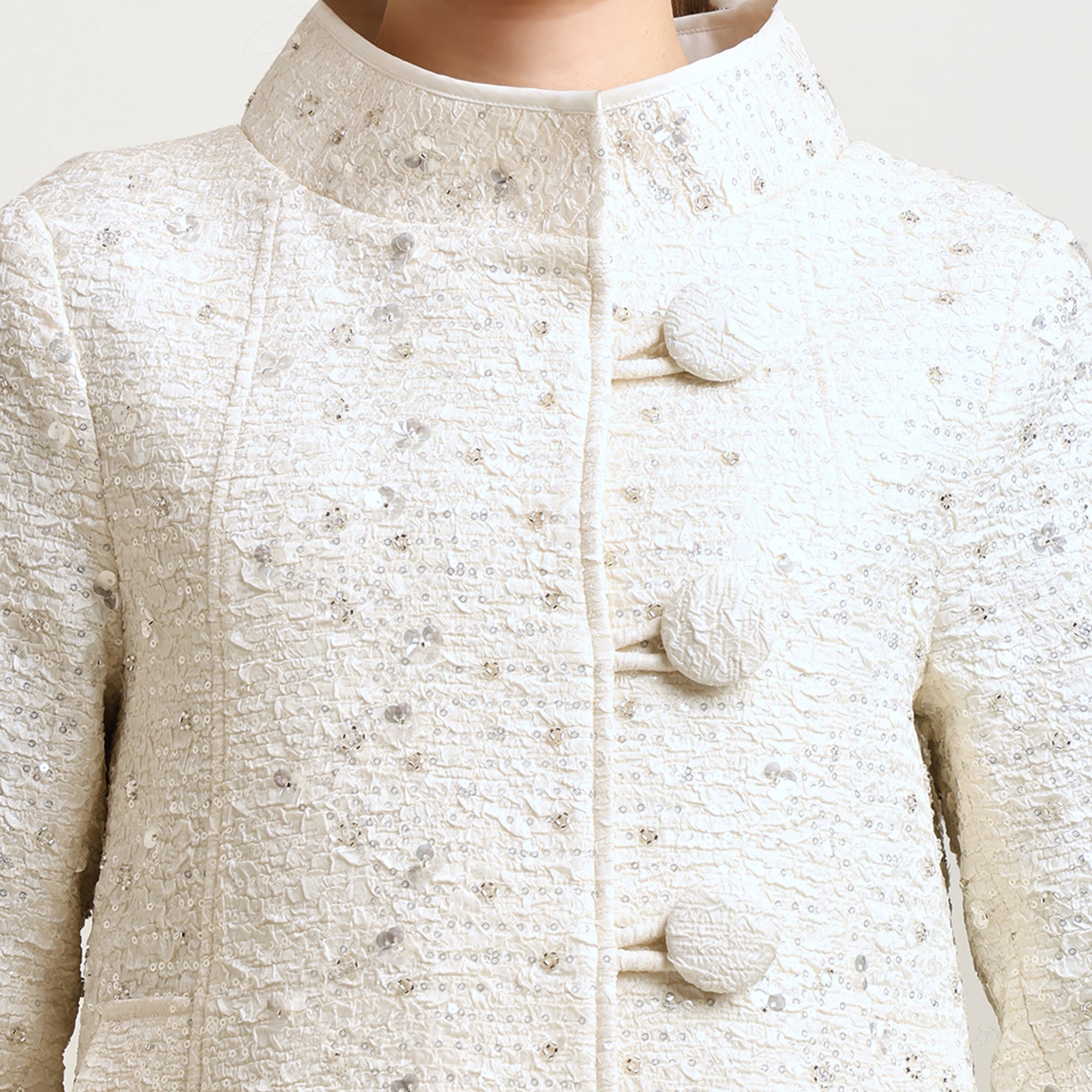 Off White Textured Sequence Over Coat