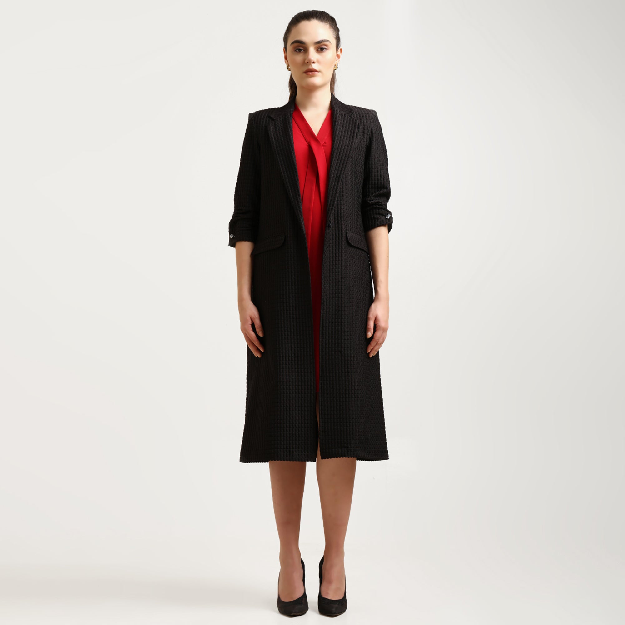 Black Textured Over Coat With Cufflinks