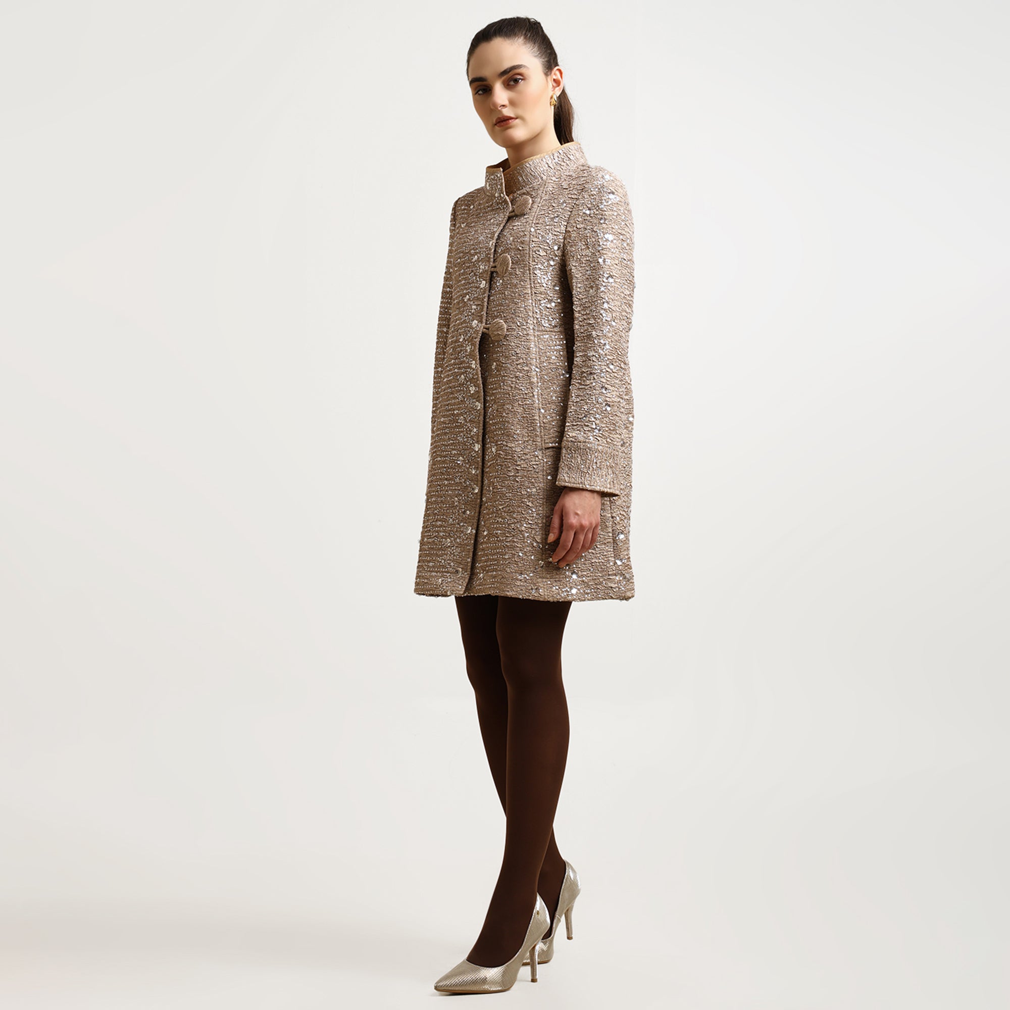 Beige Textured Sequence Over Coat