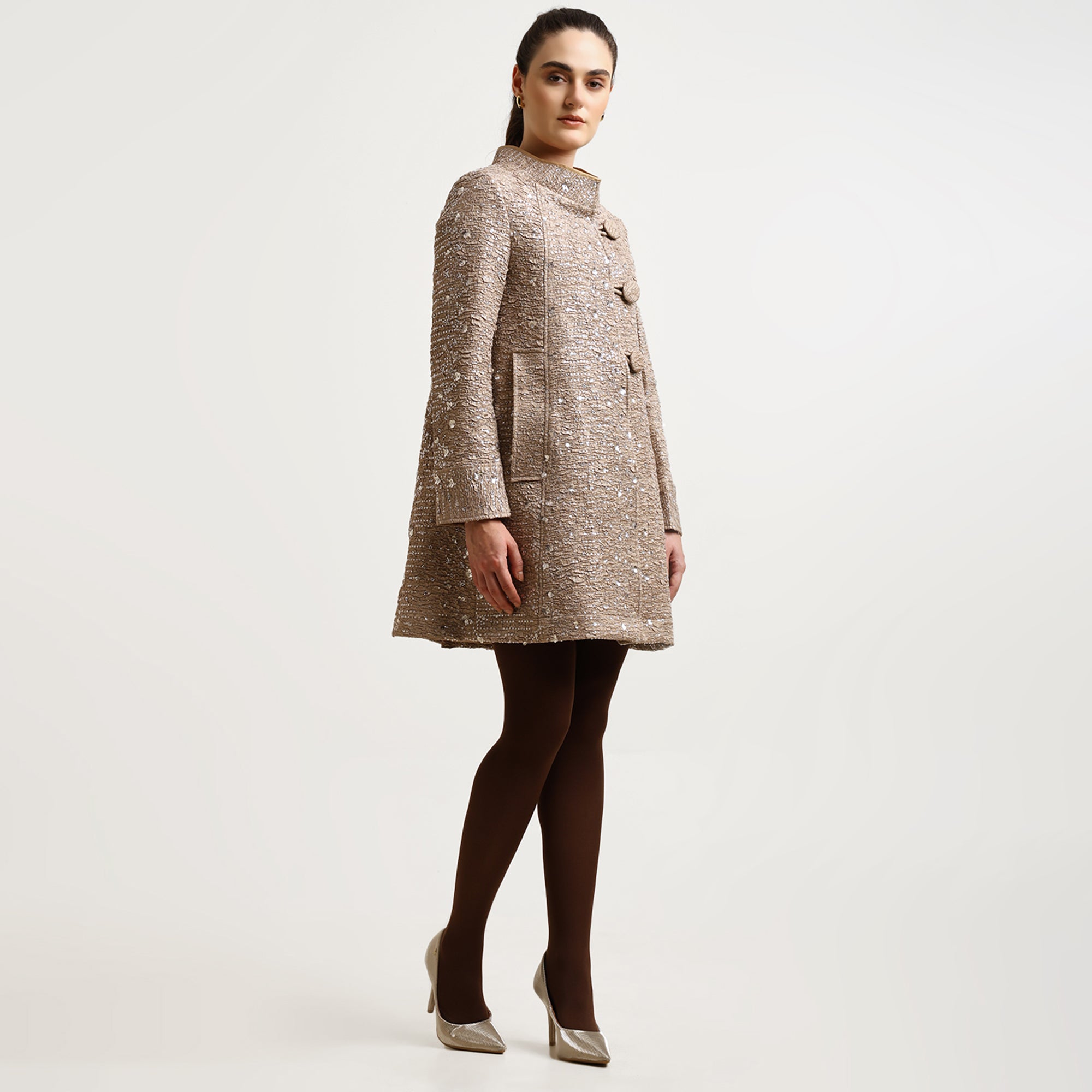 Beige Textured Sequence Over Coat