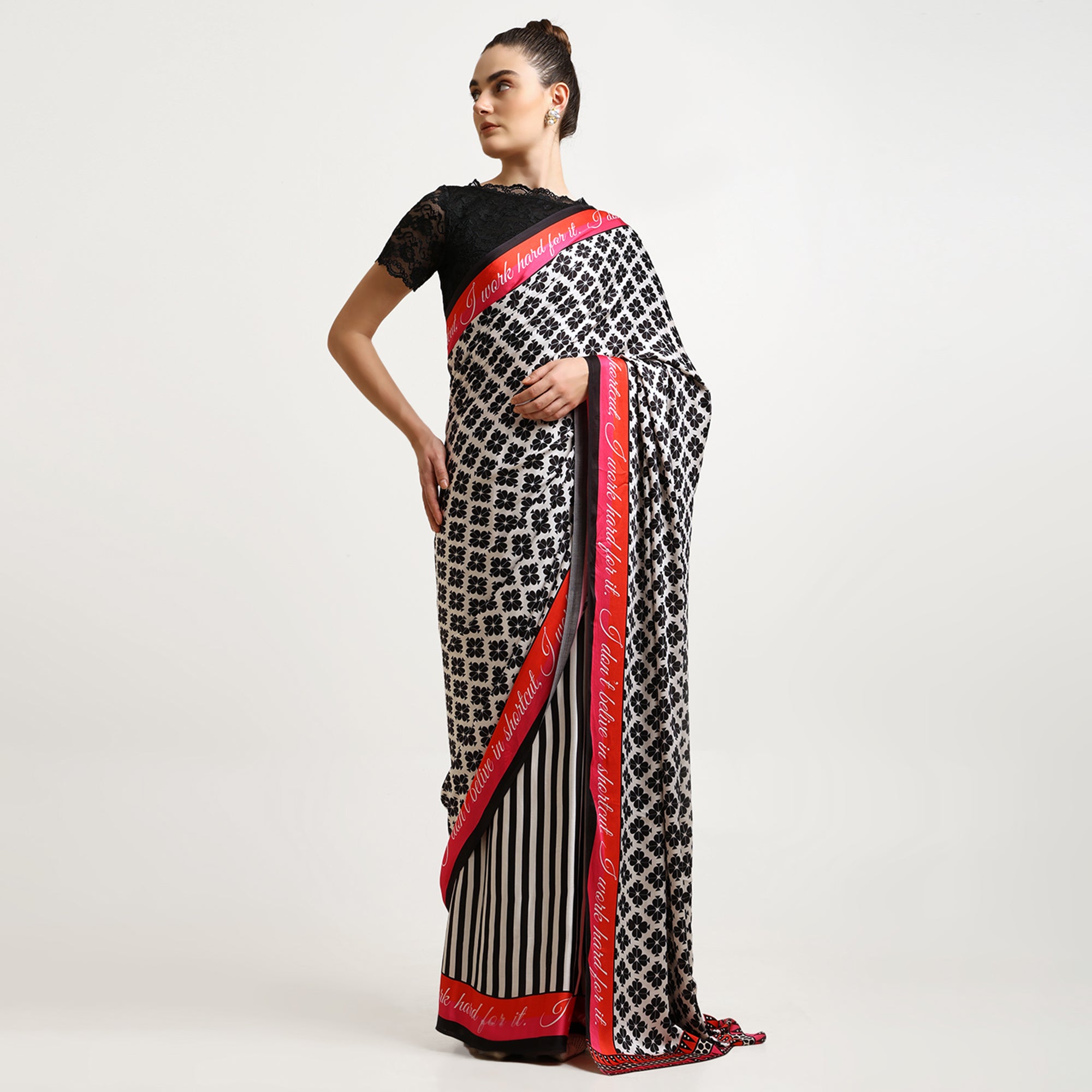 Black & White Quotation Modal Satin Saree