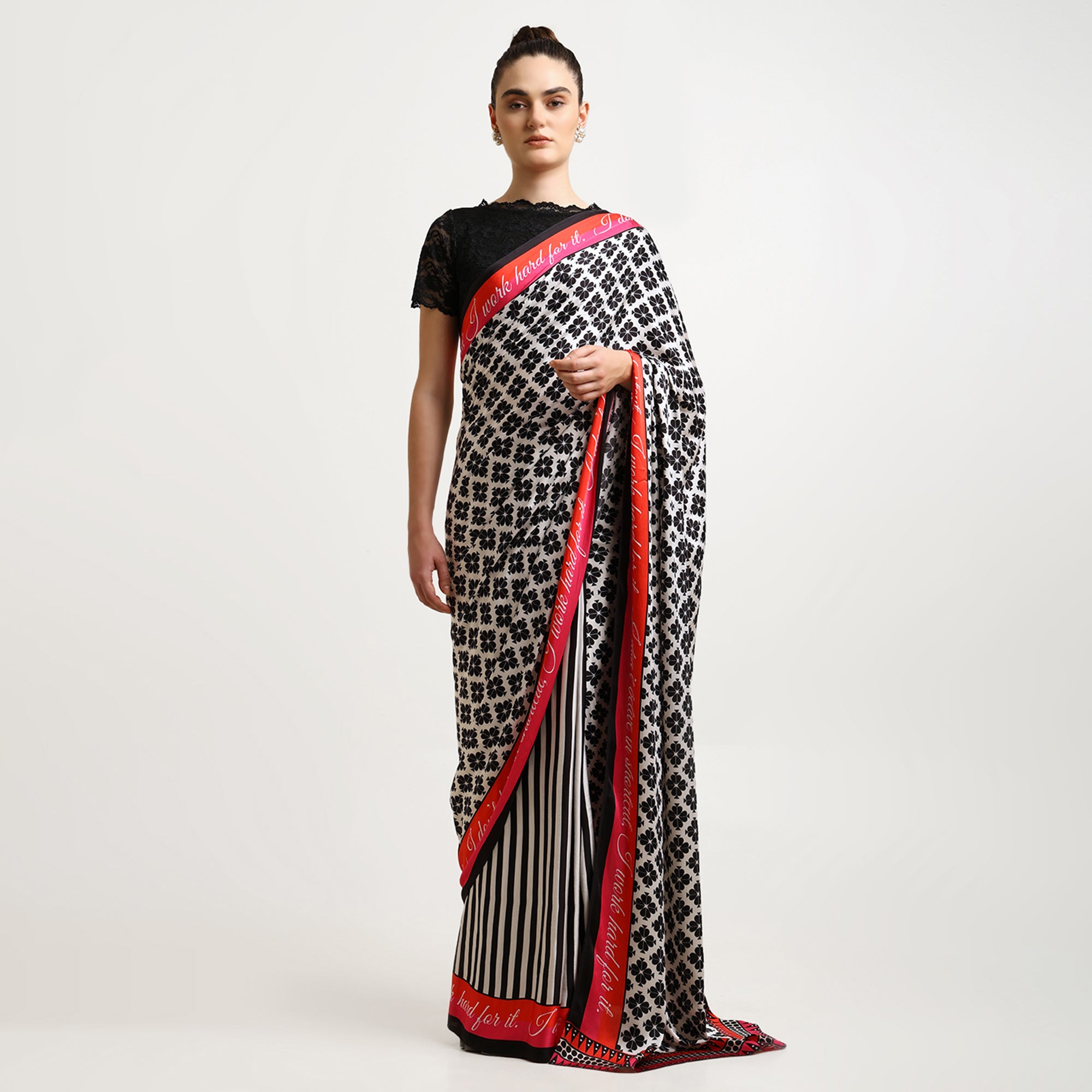 Black & White Quotation Modal Satin Saree