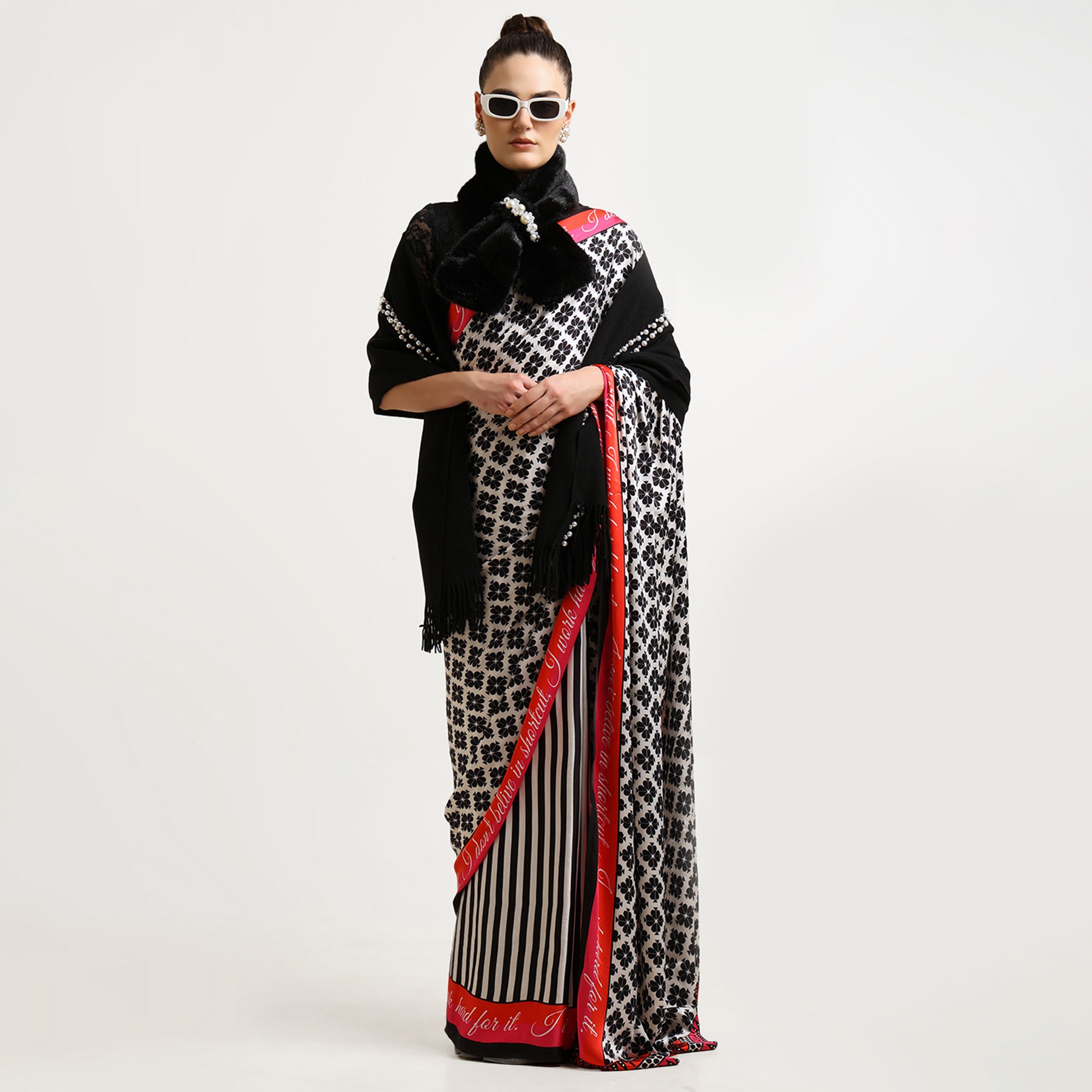 Black & White Quotation Modal Satin Saree