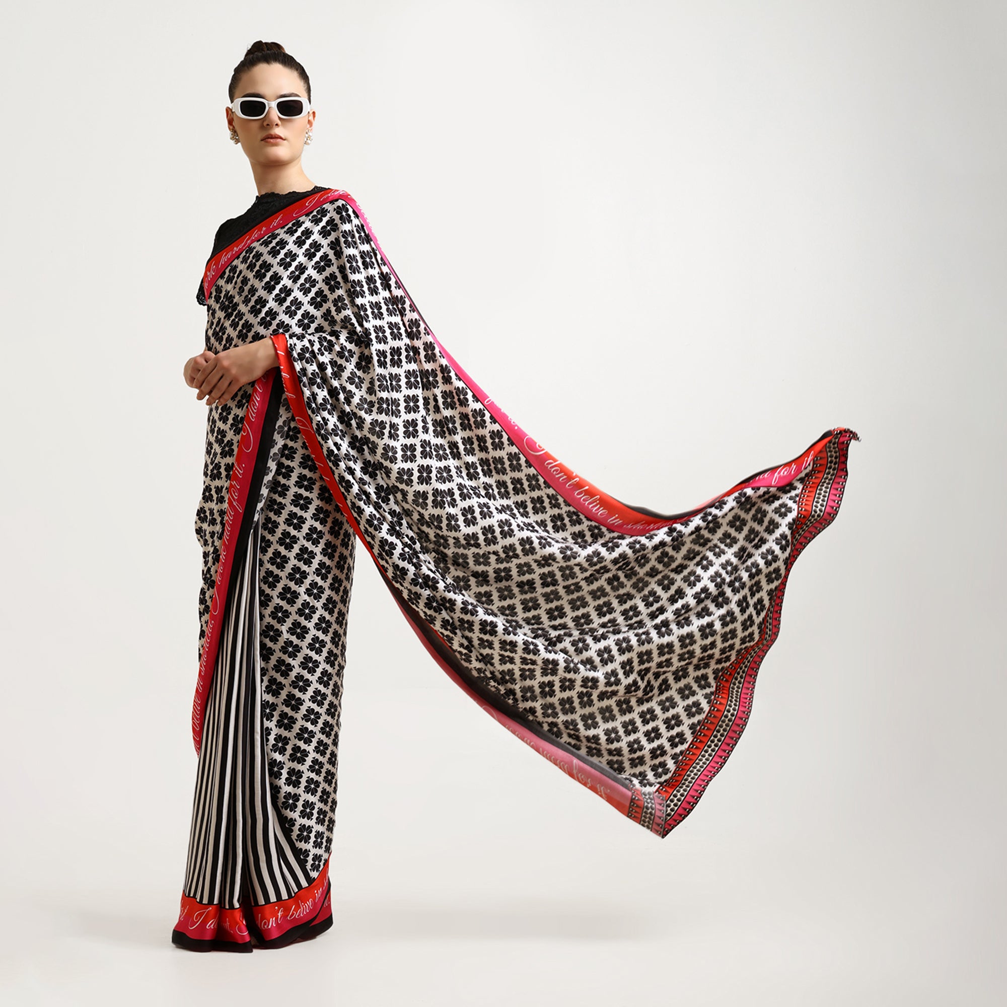 Black & White Quotation Modal Satin Saree