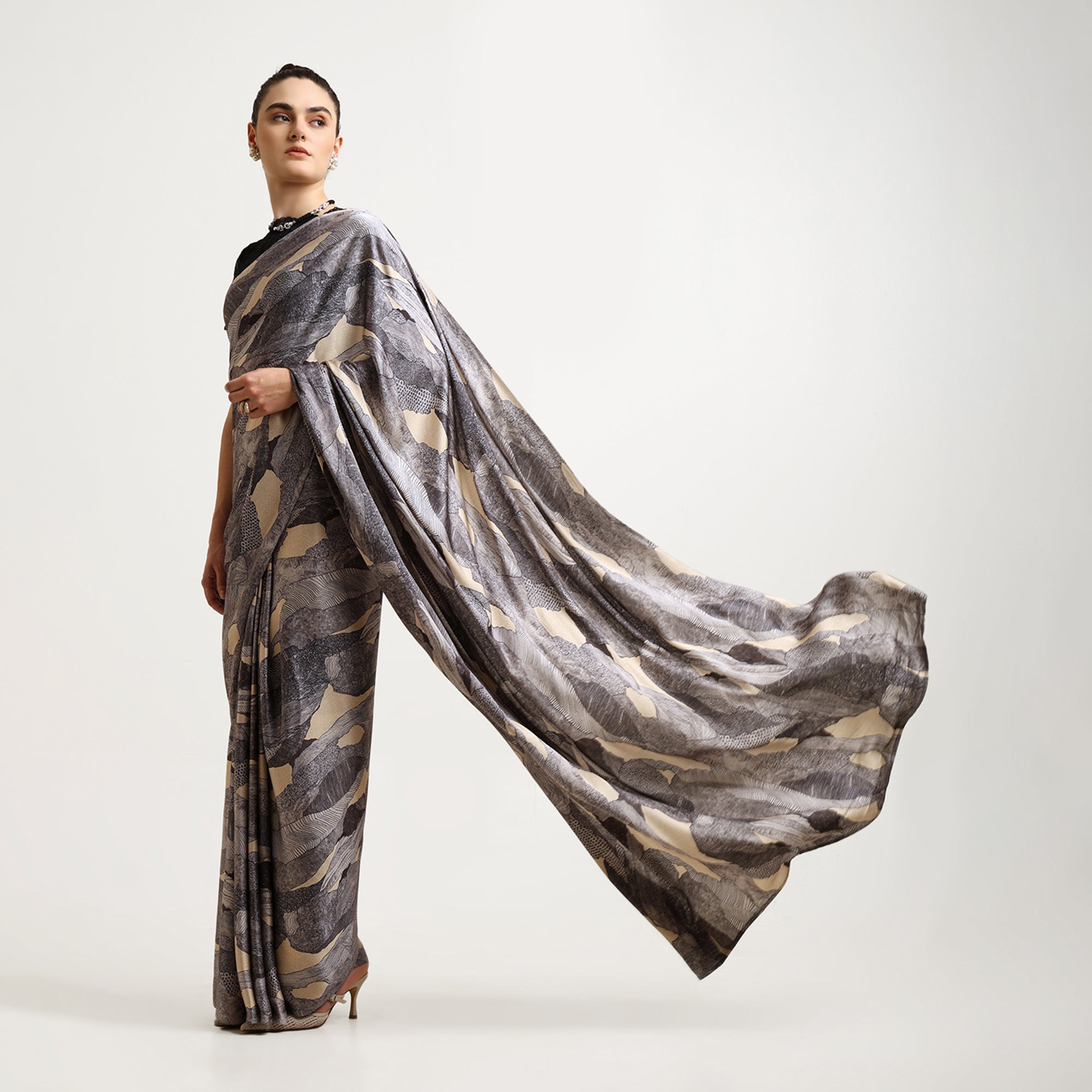 Black Abstract Satin Print Saree