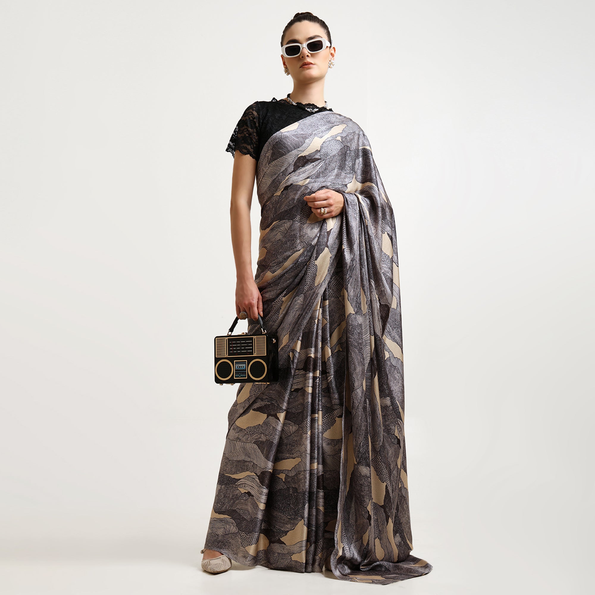Black Abstract Satin Print Saree