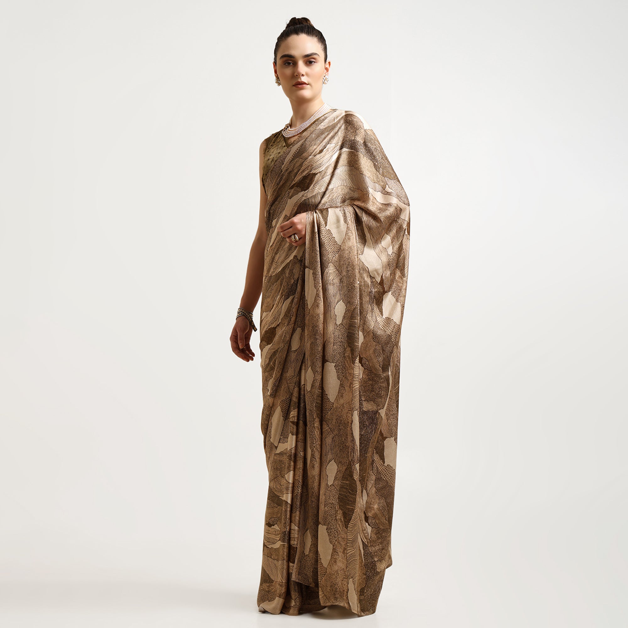 Olive Abstract Satin Print Saree