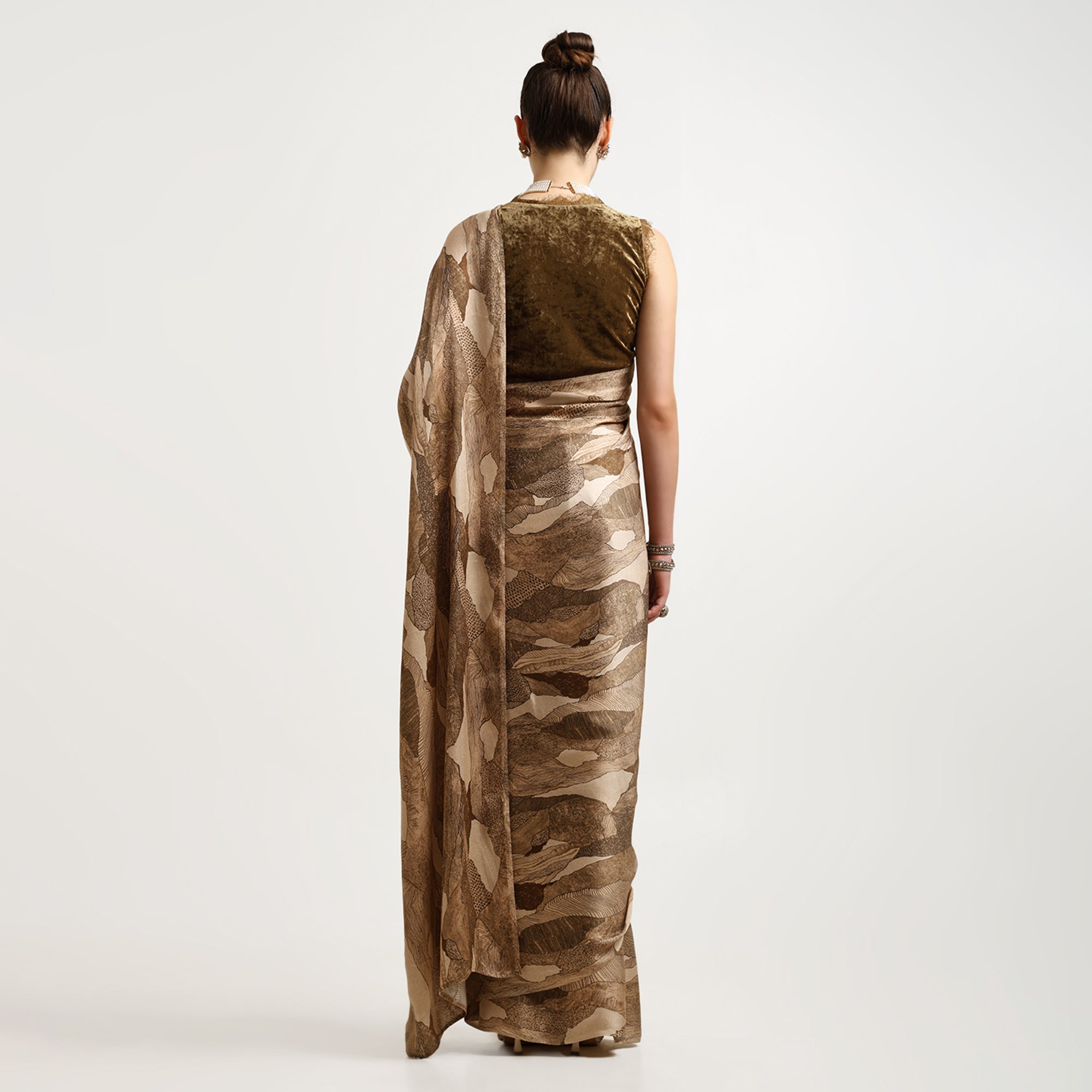 Olive Abstract Satin Print Saree