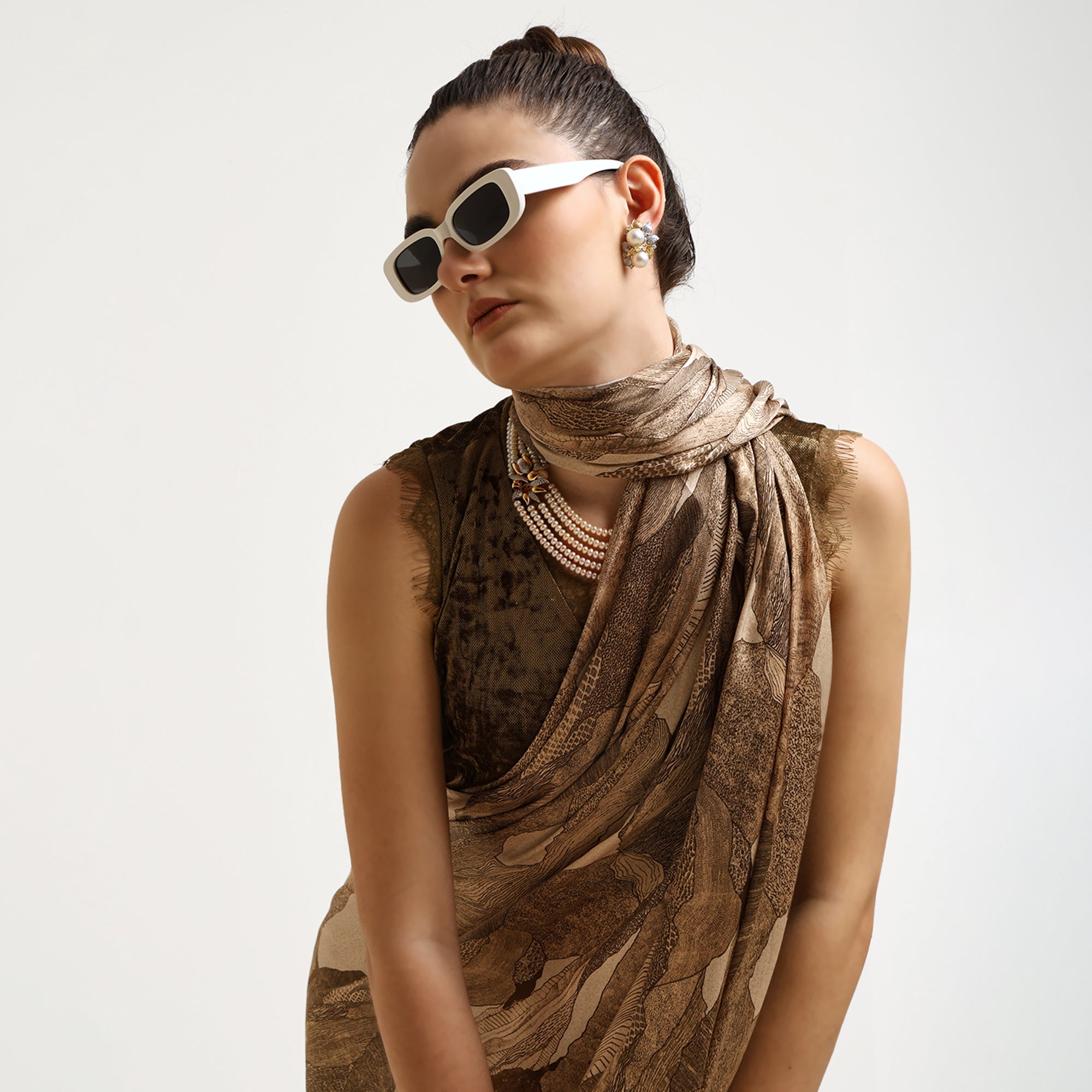 Olive Abstract Satin Print Saree