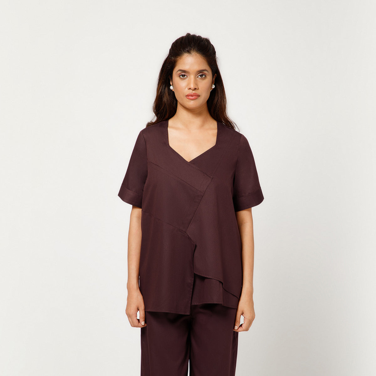 Prune Cotton Blend Draped A-Line Top