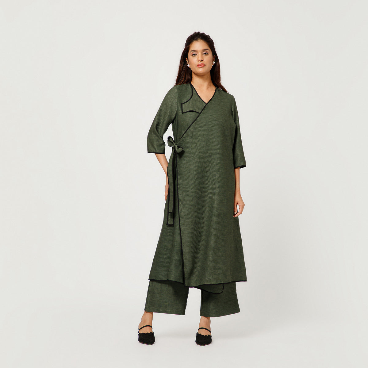 Olive Green Textured A-Line Kurta With Black Piping