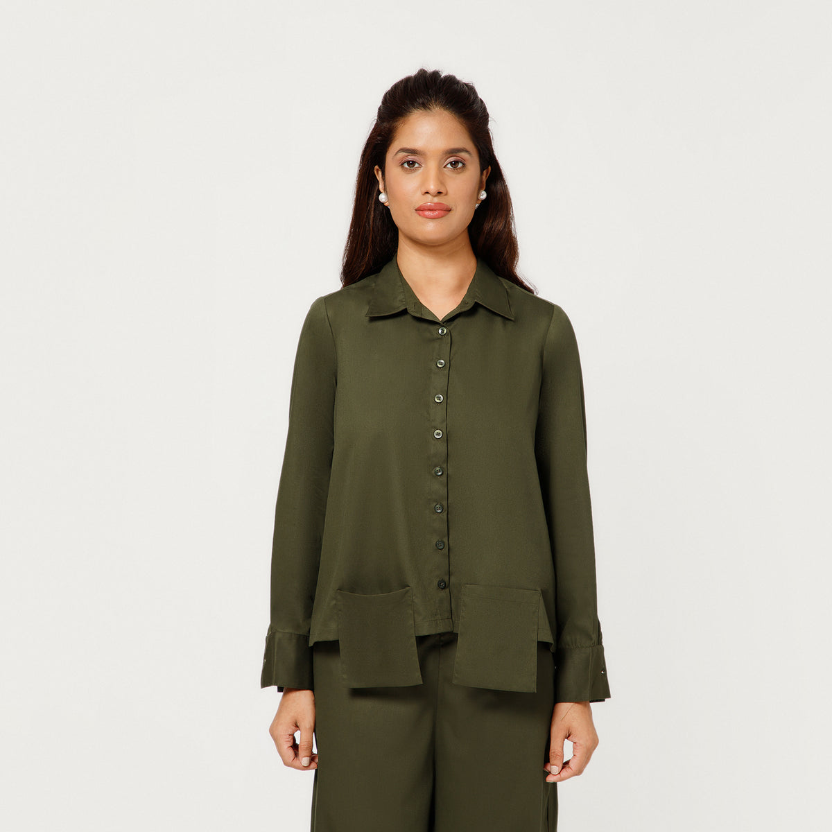 Olive Boxy Shirt With Visible Pocket