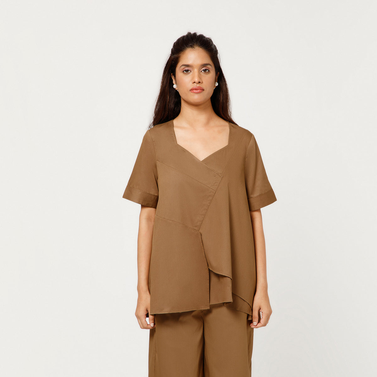 Brown Cotton Blend Draped A-Line Top