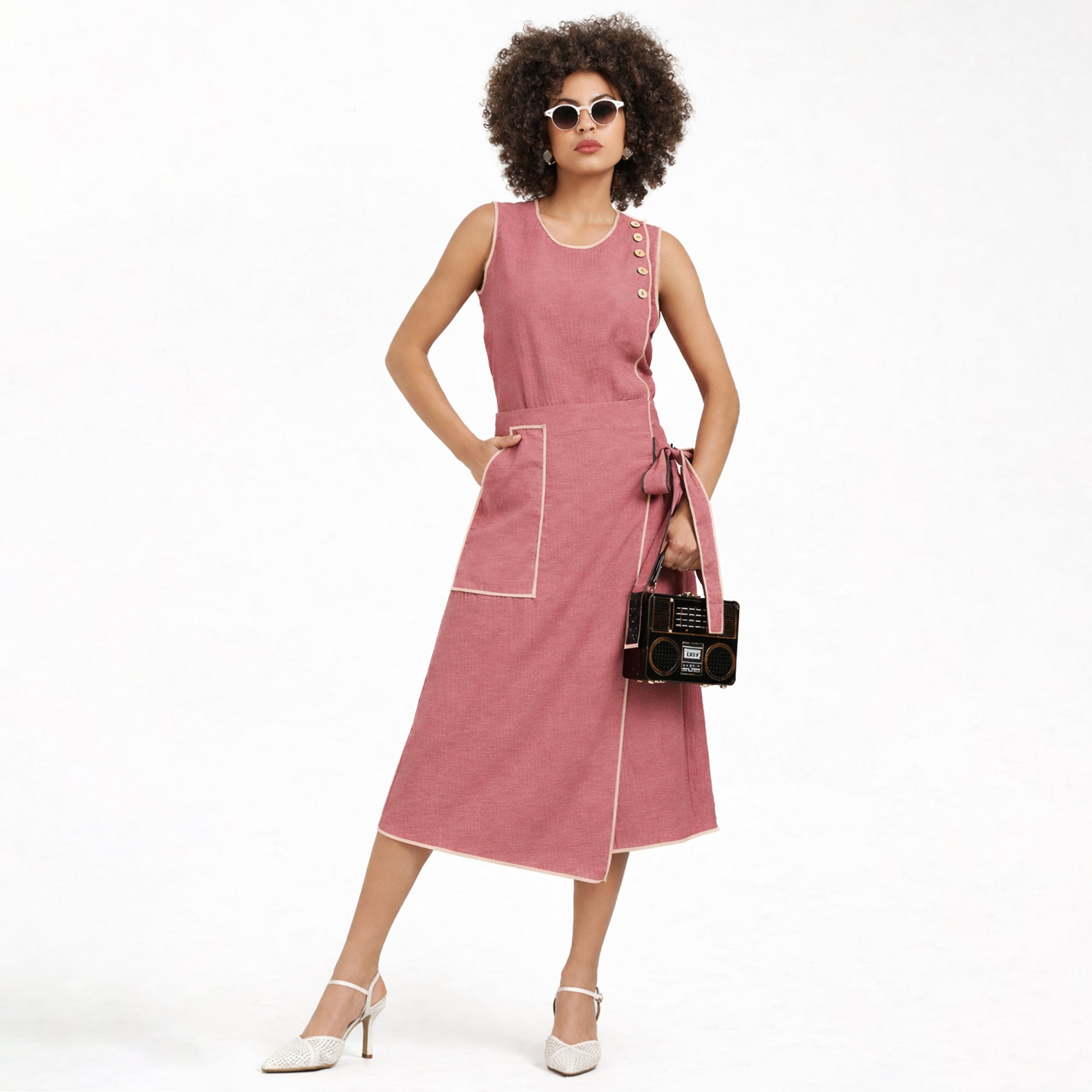 Peach Asymmetrical Textured Skirt With Off Beige Piping