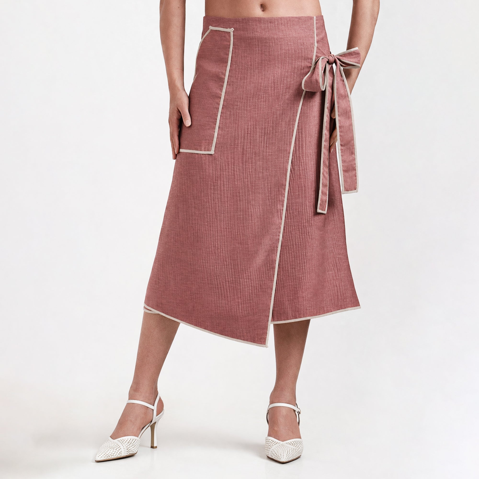 Peach Asymmetrical Textured Skirt With Off Beige Piping
