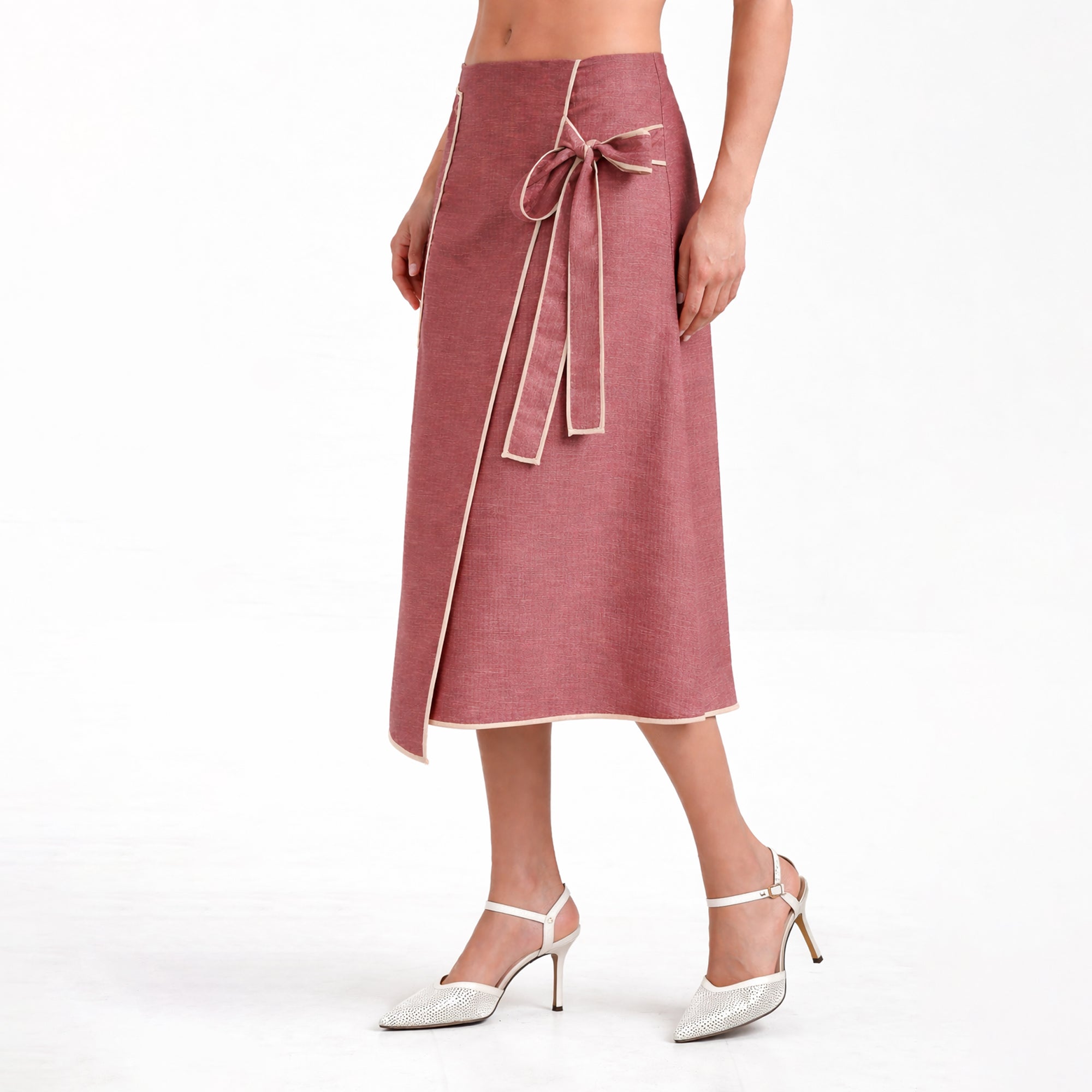 Peach Asymmetrical Textured Skirt With Off Beige Piping