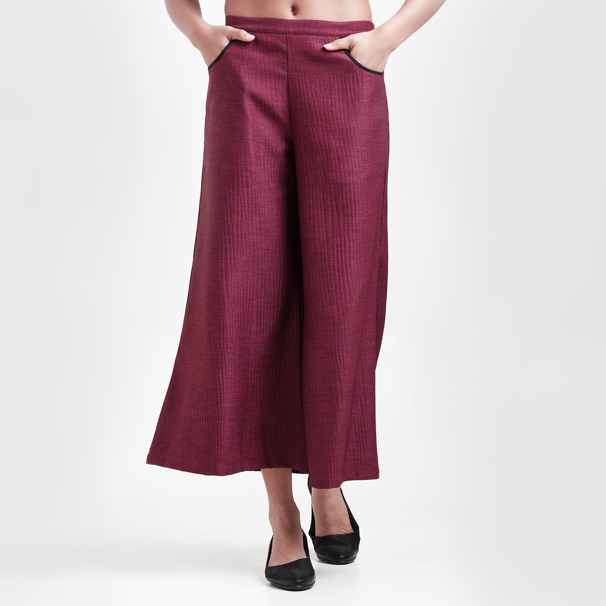 Wine Textured Plazzo With Black Piping