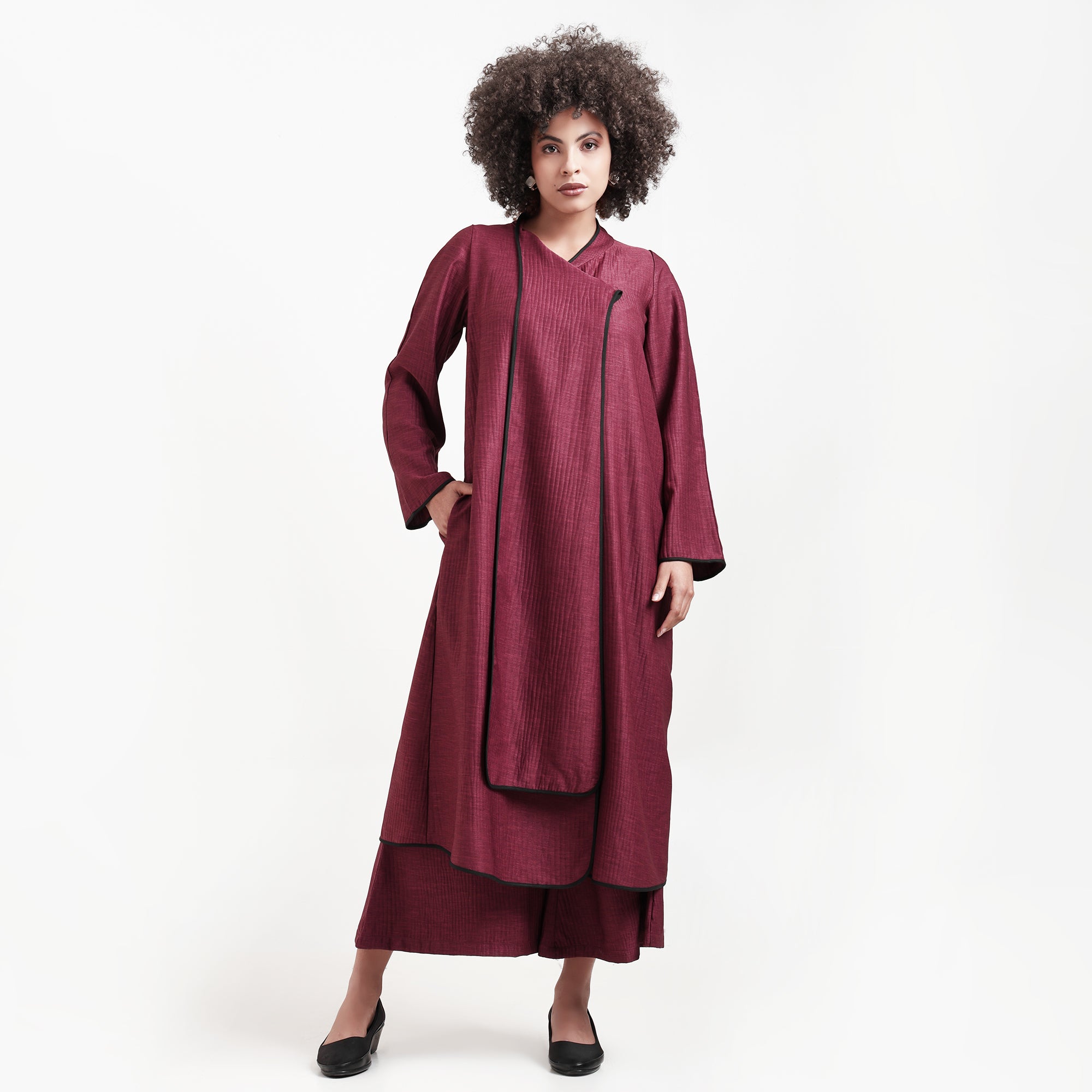 Wine Textured Overlap Kurta With Black Piping