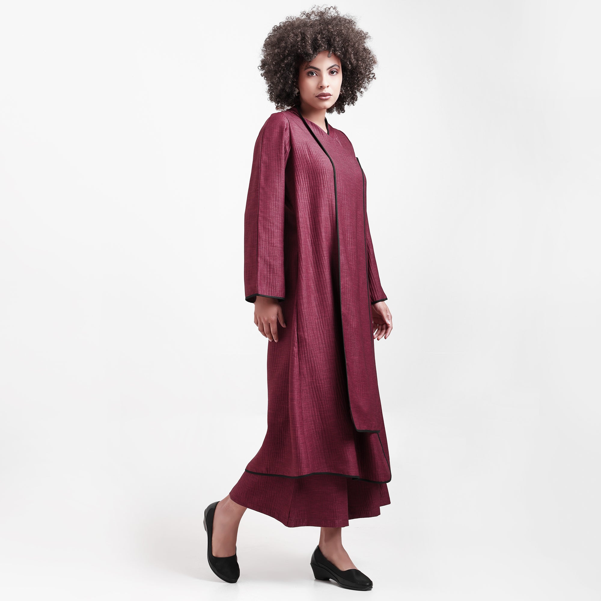 Wine Textured Overlap Kurta With Black Piping