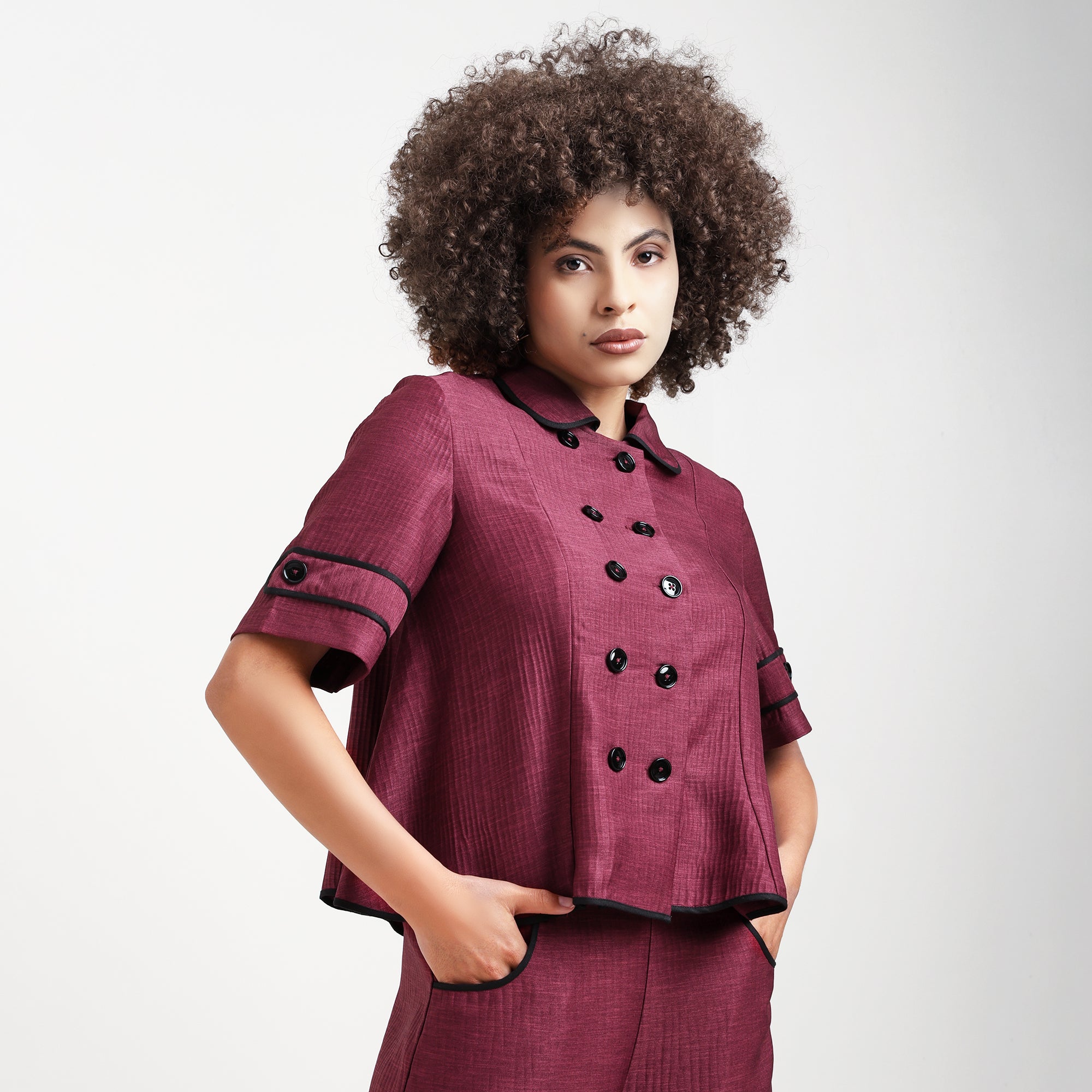 Wine Textured Top With Black Piping