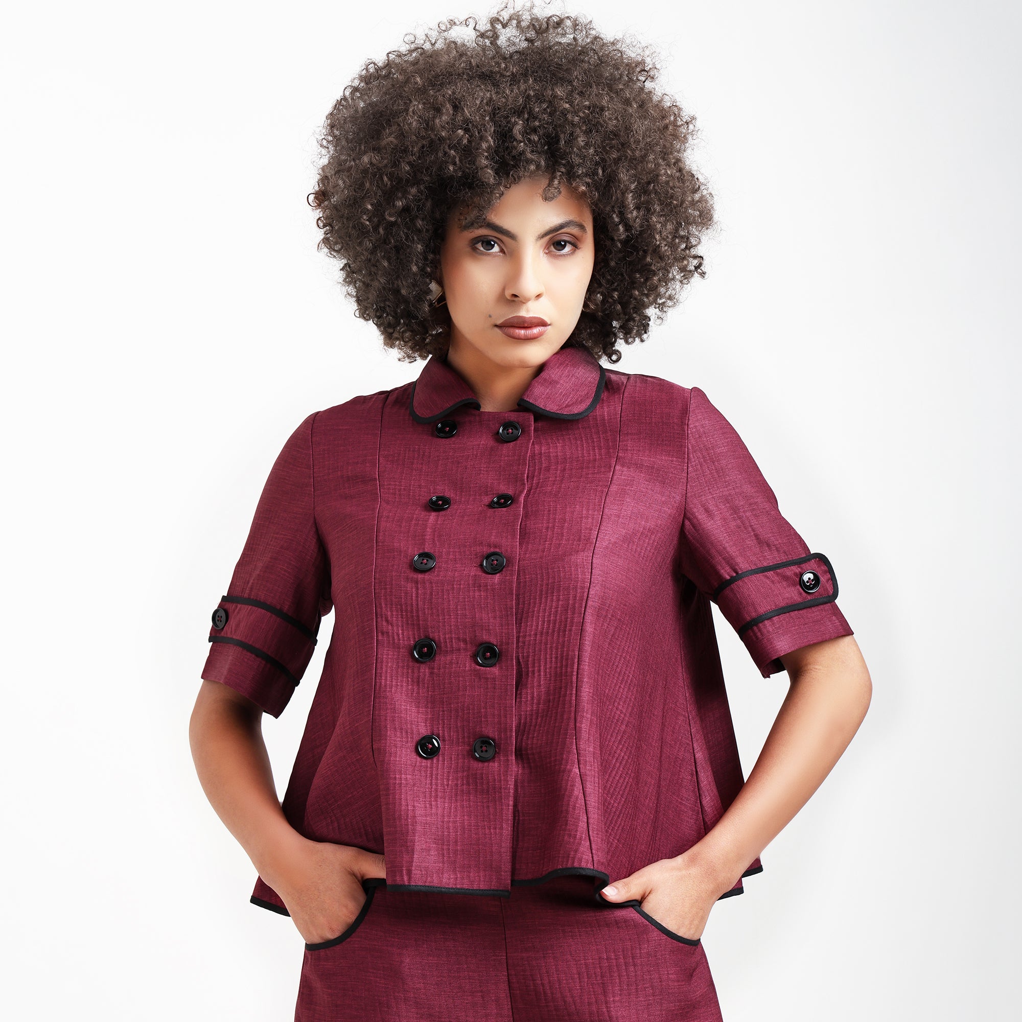 Wine Textured Top With Black Piping