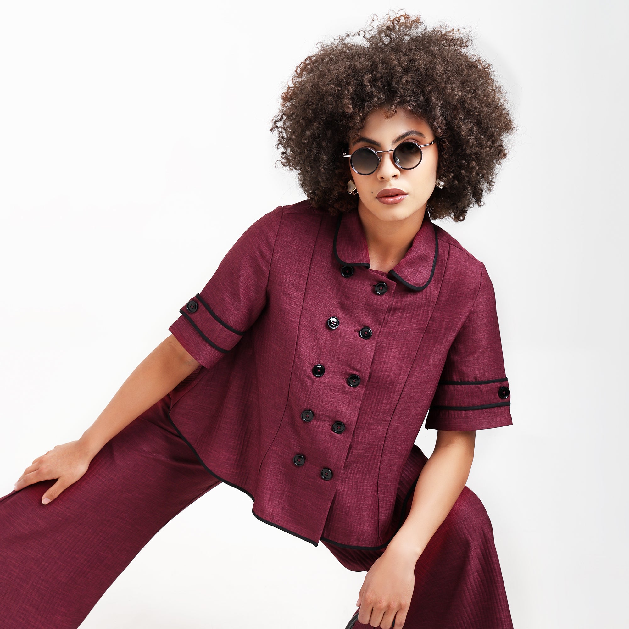 Wine Textured Top With Black Piping