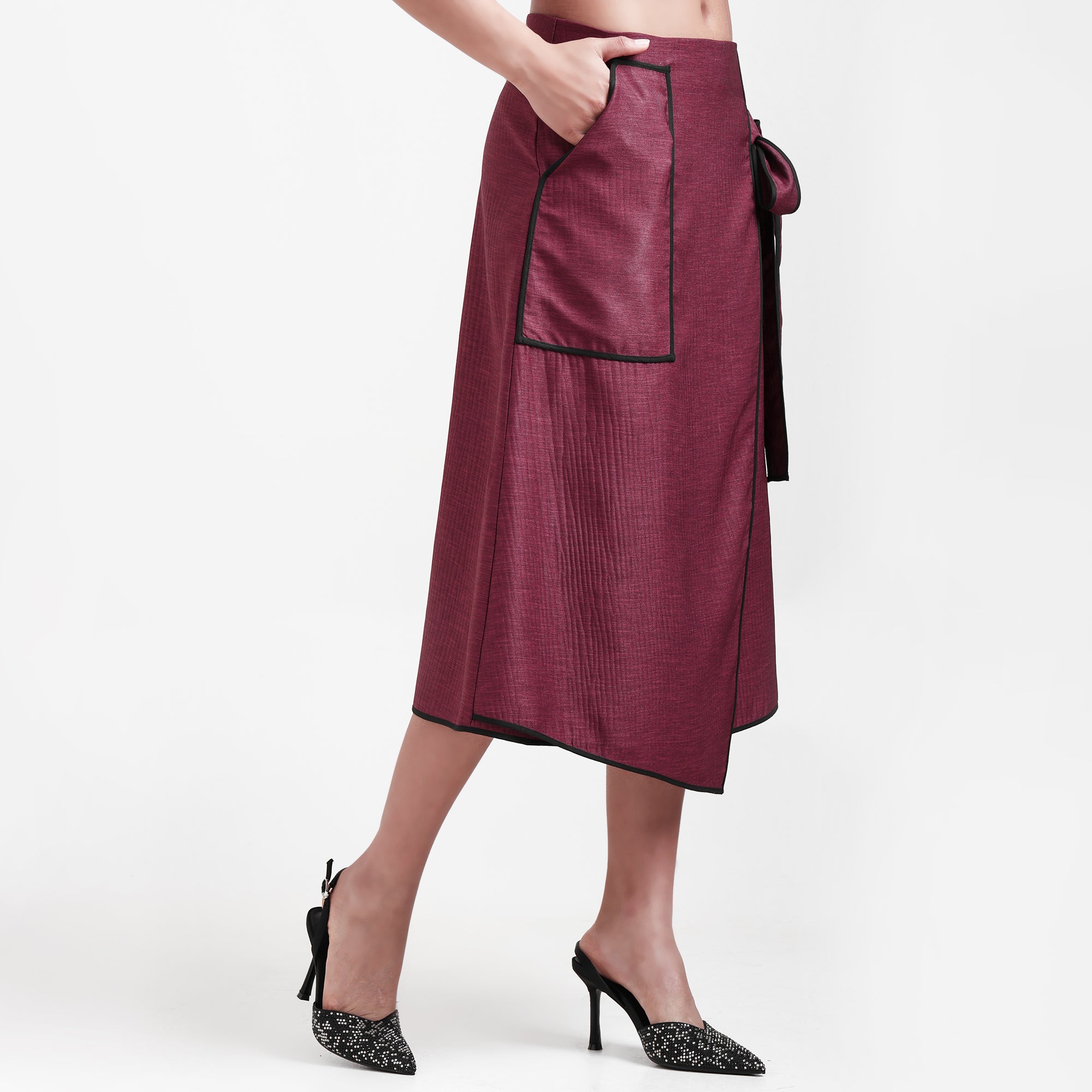 Wine Asymmetrical Textured Skirt With Black Piping