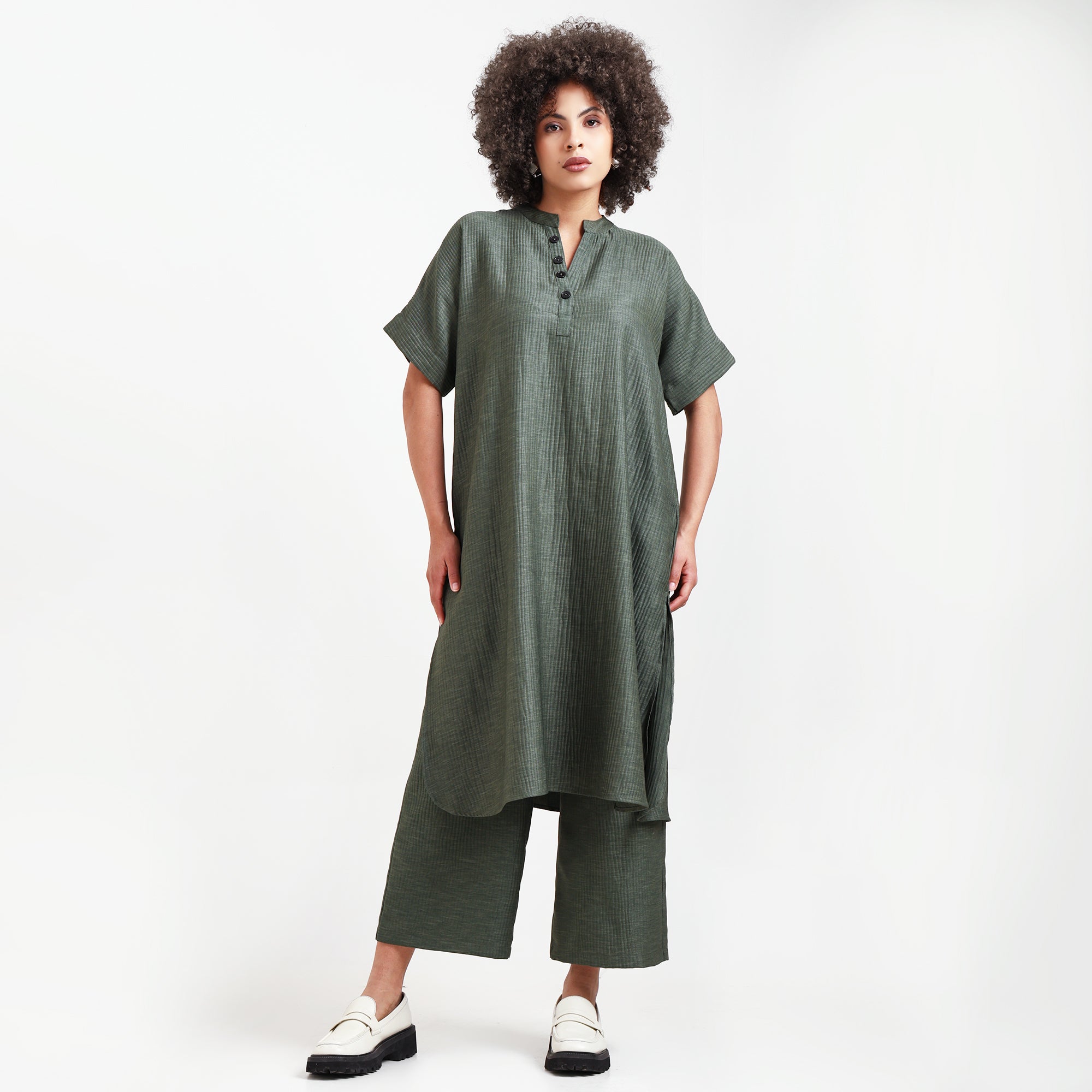 Olive Green Textured Line Kurta With Pocket