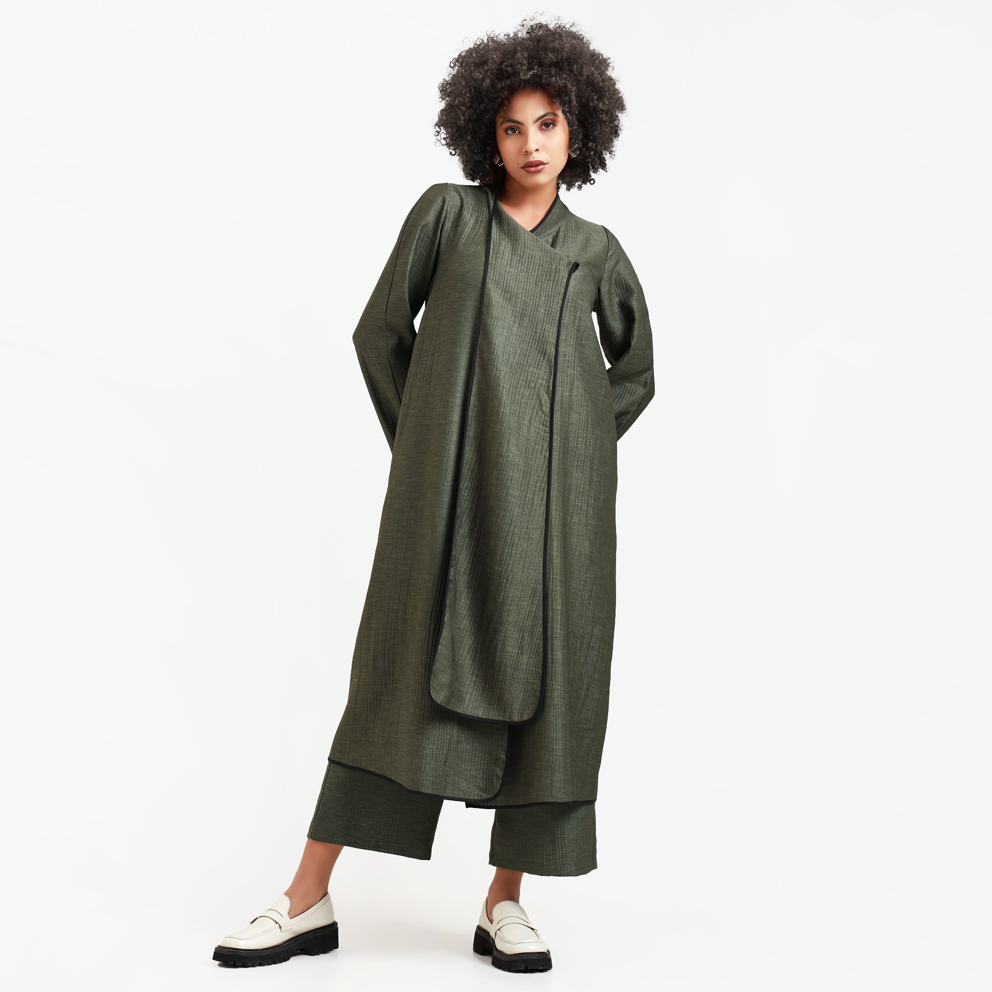 Olive Green Textured Overlap Kurta With Black Piping