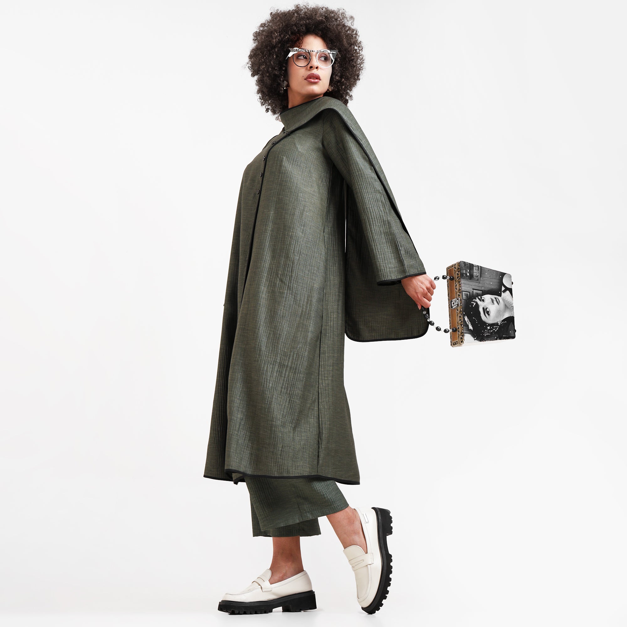 Olive Green Textured Overlap Kurta With Black Piping