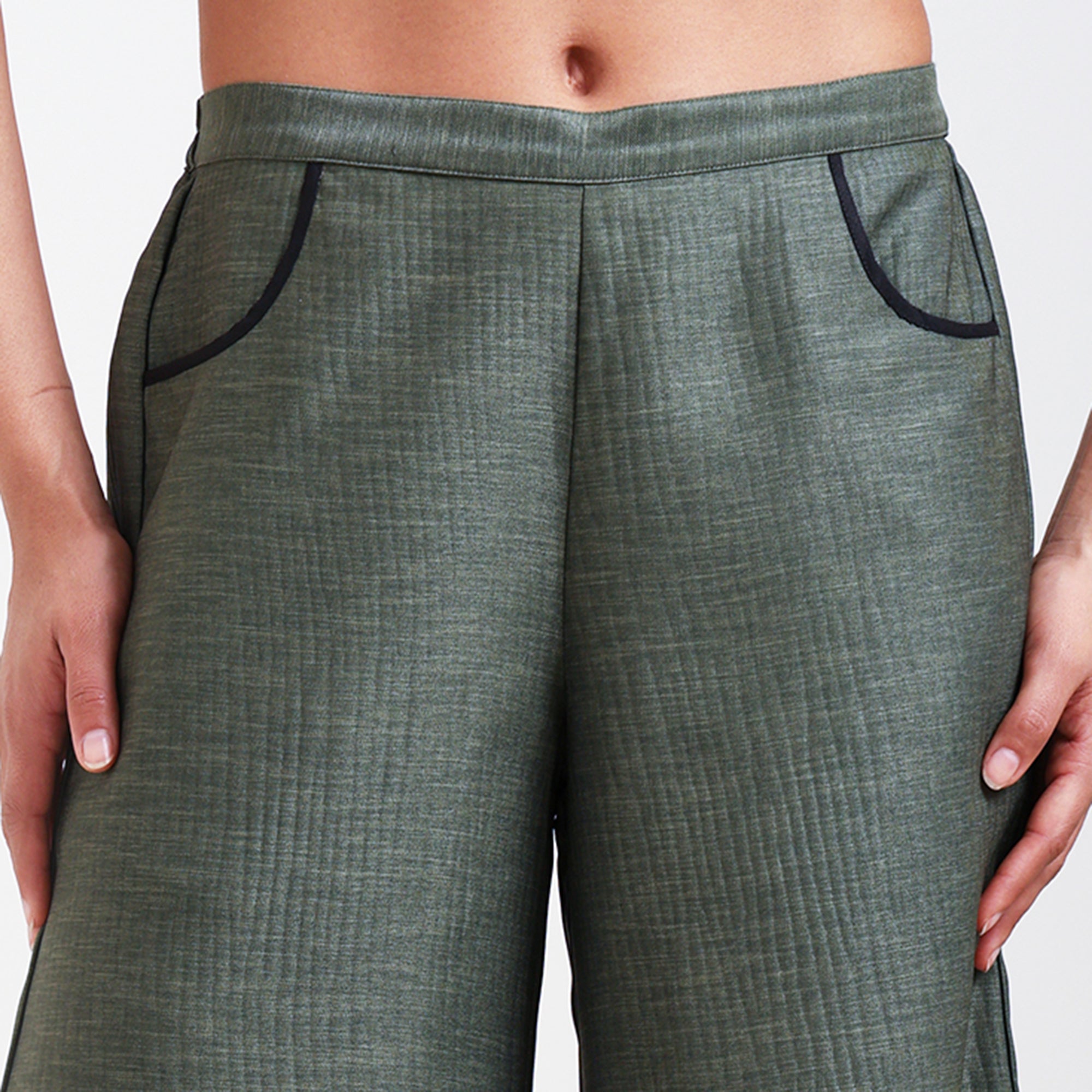 Olive Green Textured Plazzo With Black Piping