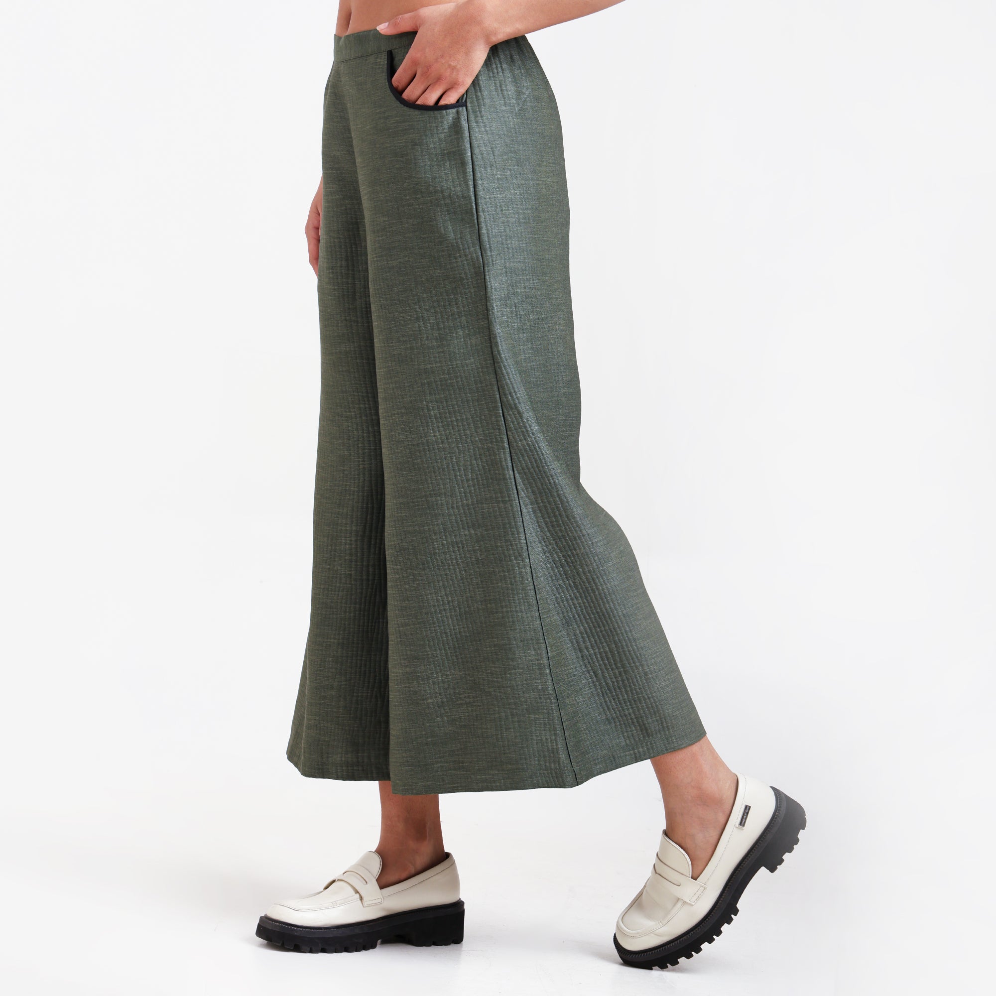 Olive Green Textured Plazzo With Black Piping