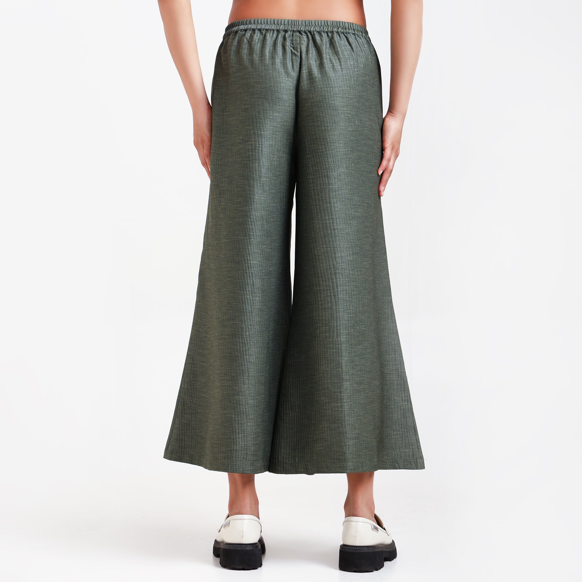 Olive Green Textured Plazzo With Black Piping