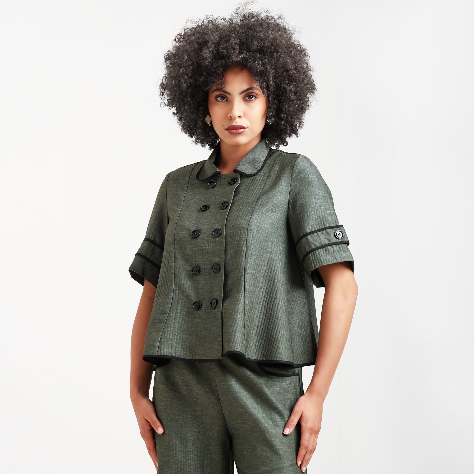 Olive Green Overlap Textured Top With Black Piping