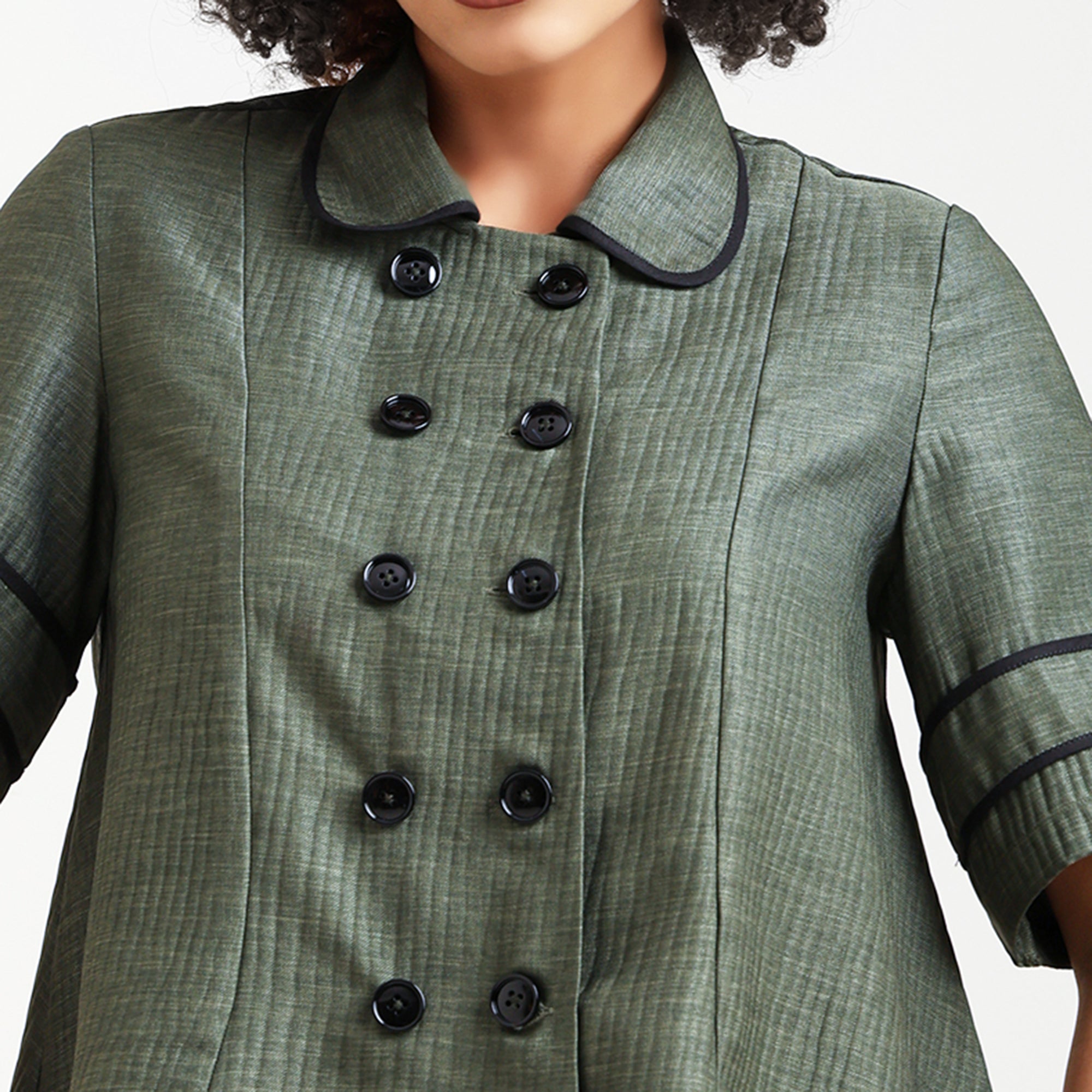 Olive Green Overlap Textured Top With Black Piping