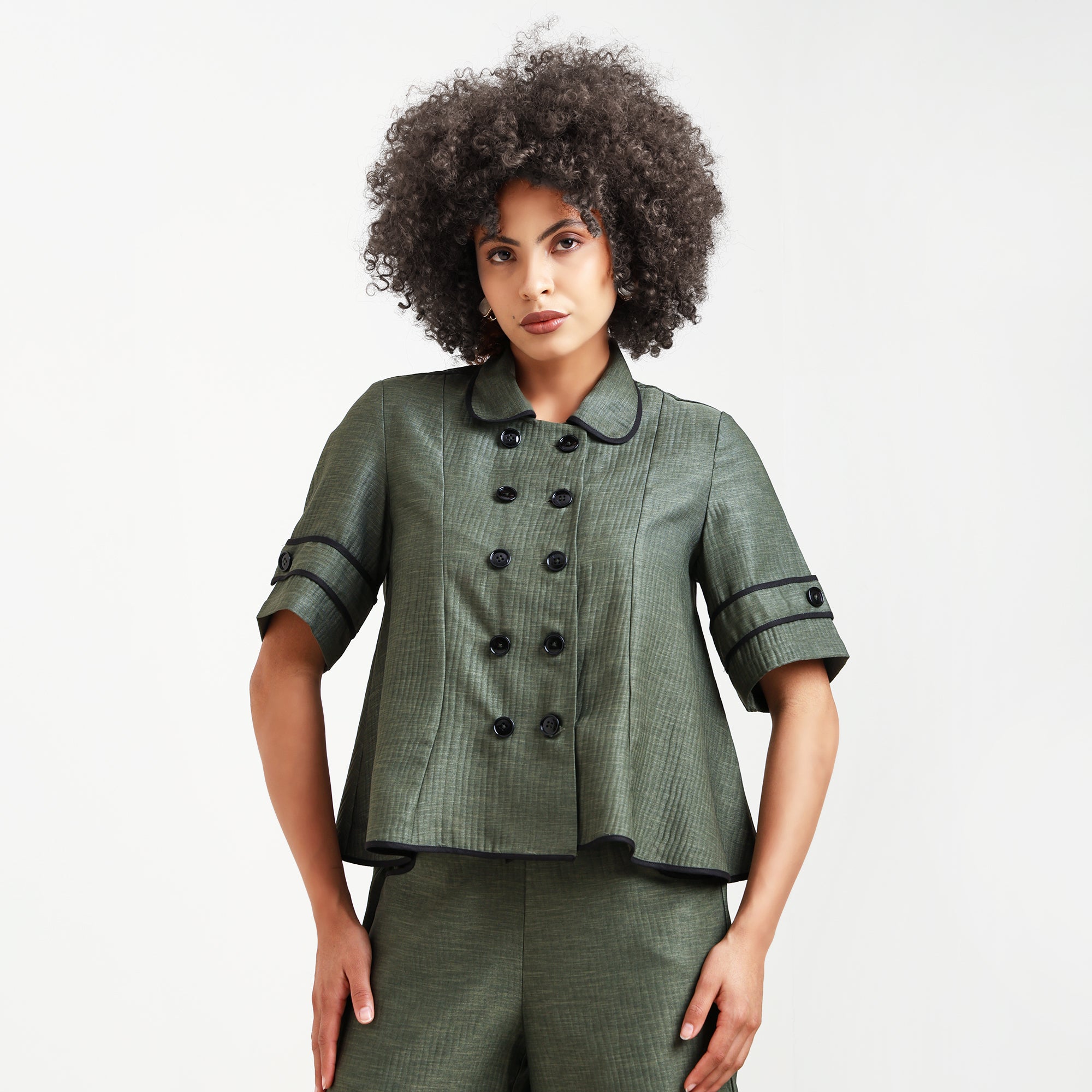 Olive Green Overlap Textured Top With Black Piping