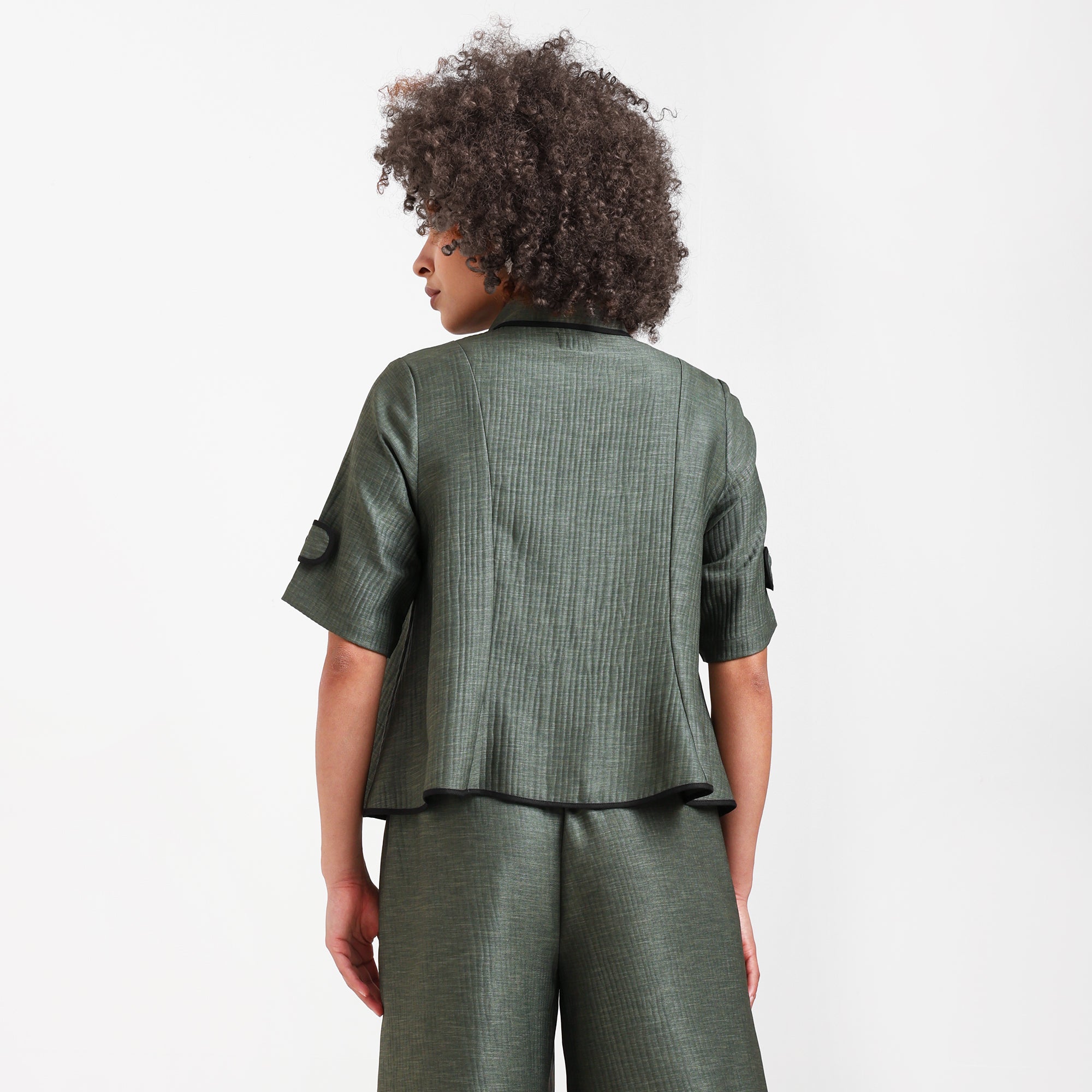 Olive Green Overlap Textured Top With Black Piping