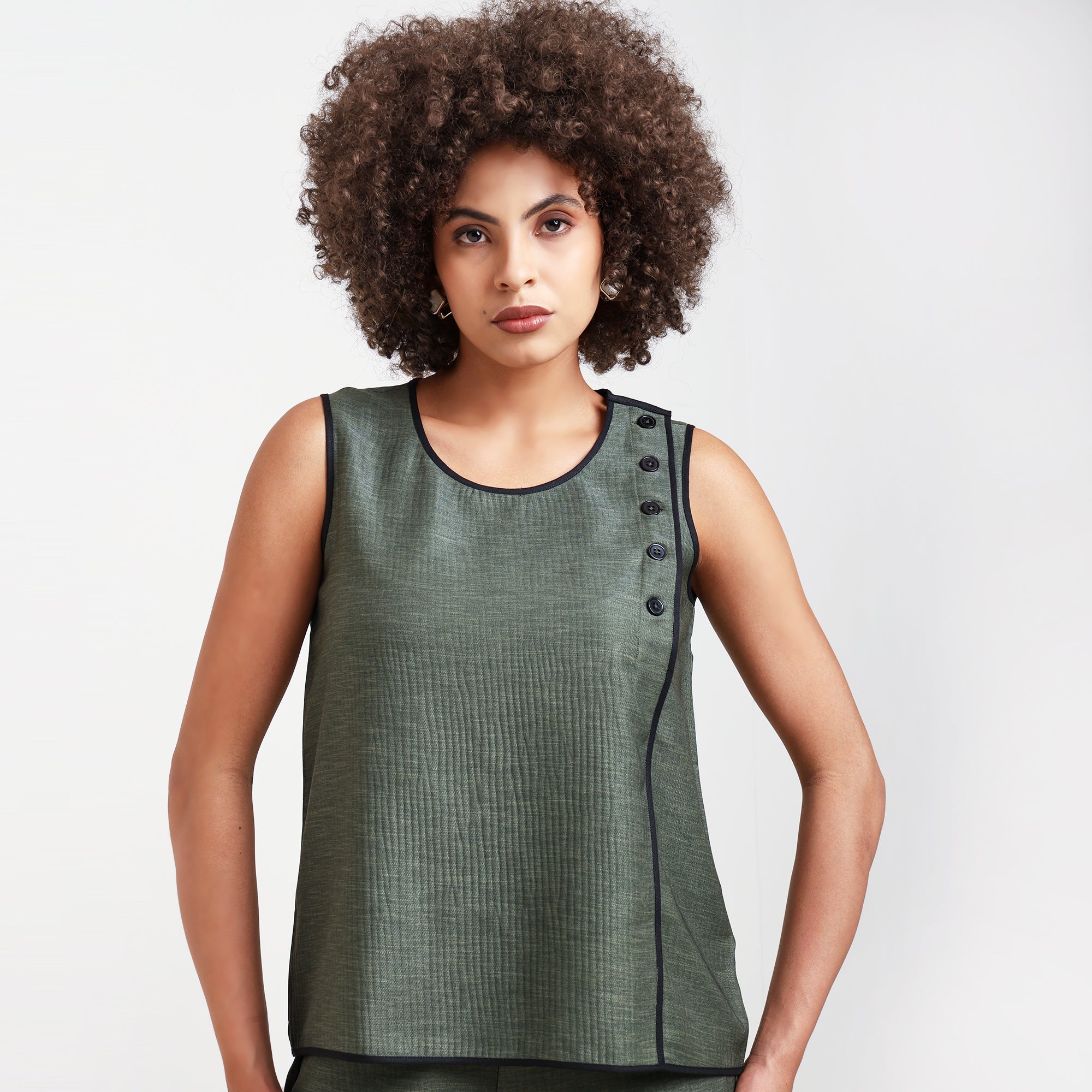 Olive Green Textured Sleeveless Top With Black Piping