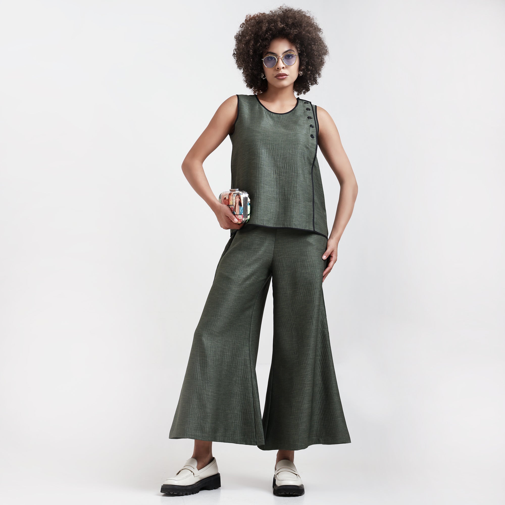 Olive Green Textured Sleeveless Top With Black Piping