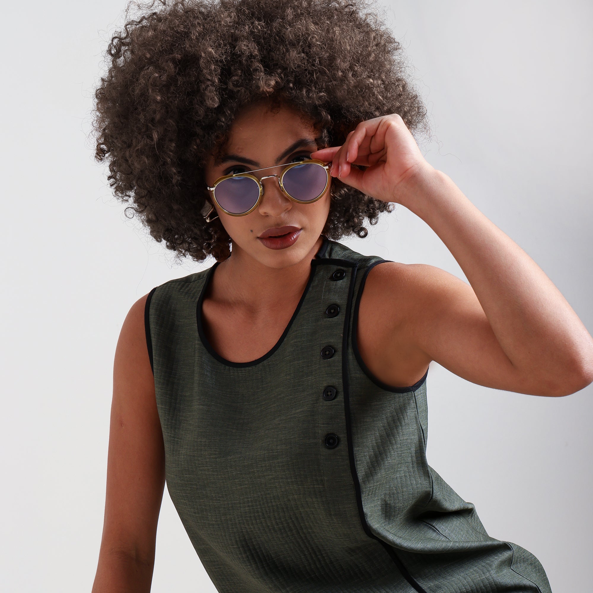 Olive Green Textured Sleeveless Top With Black Piping