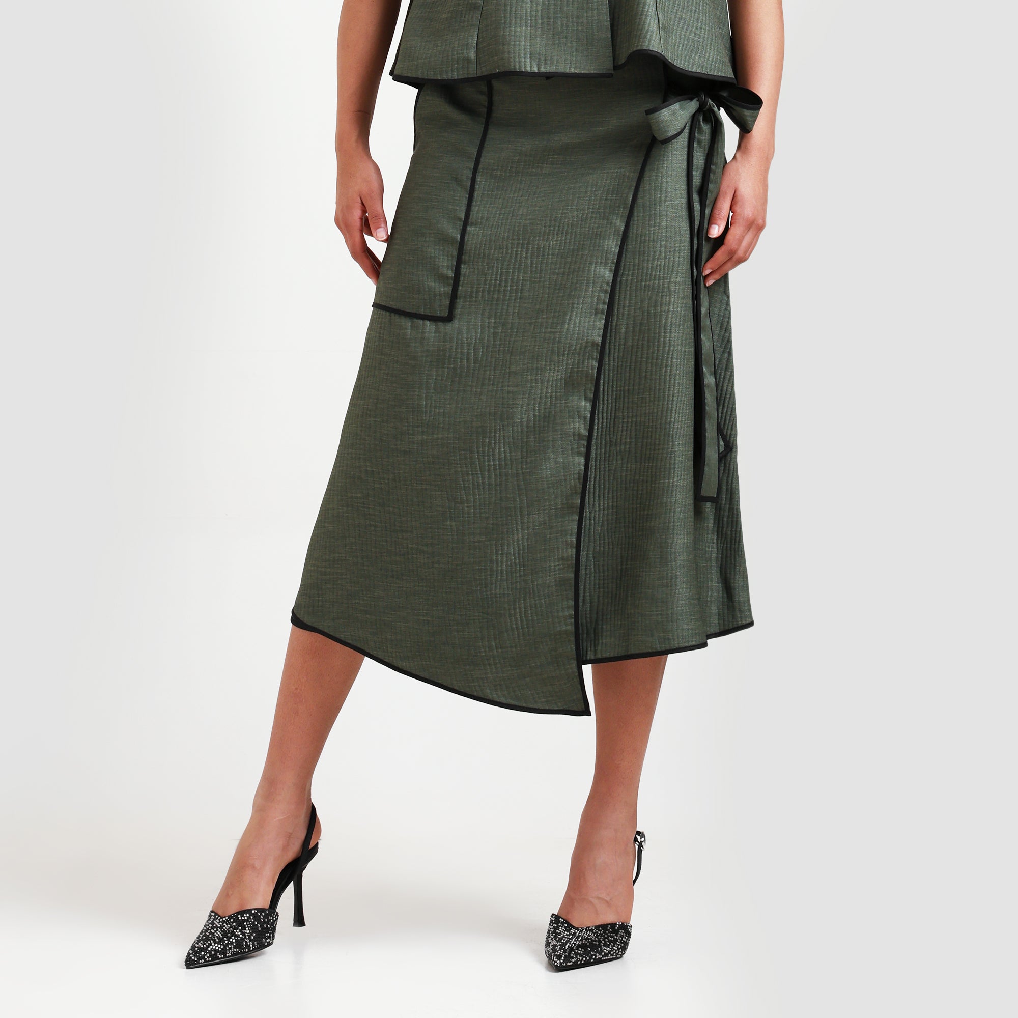 Olive Green Asymmetrical Textured Skirt With Black Piping