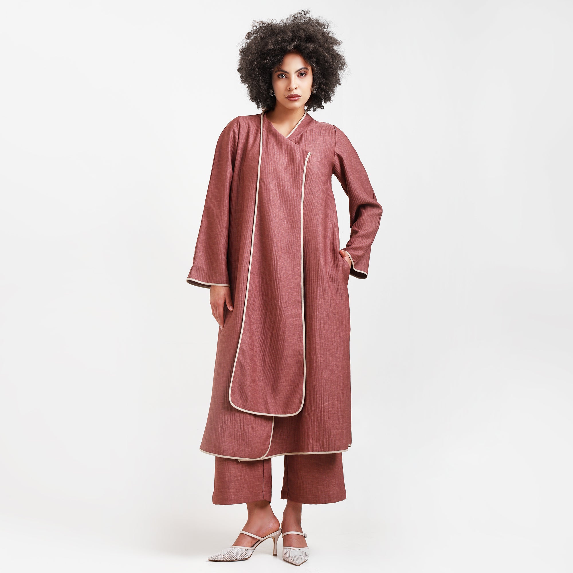 Peach Textured Overlap Kurta With Beige Piping