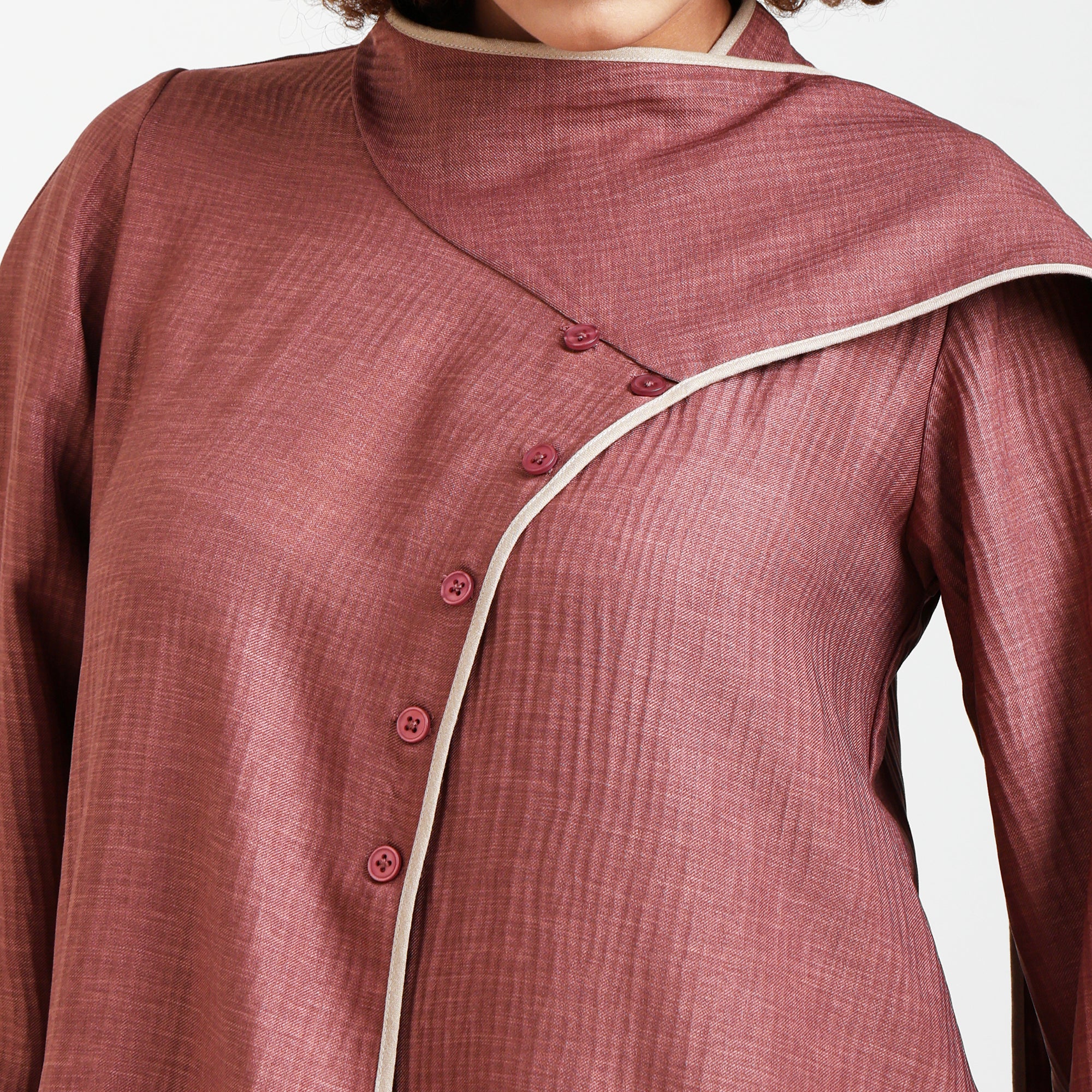Peach Textured Overlap Kurta With Beige Piping