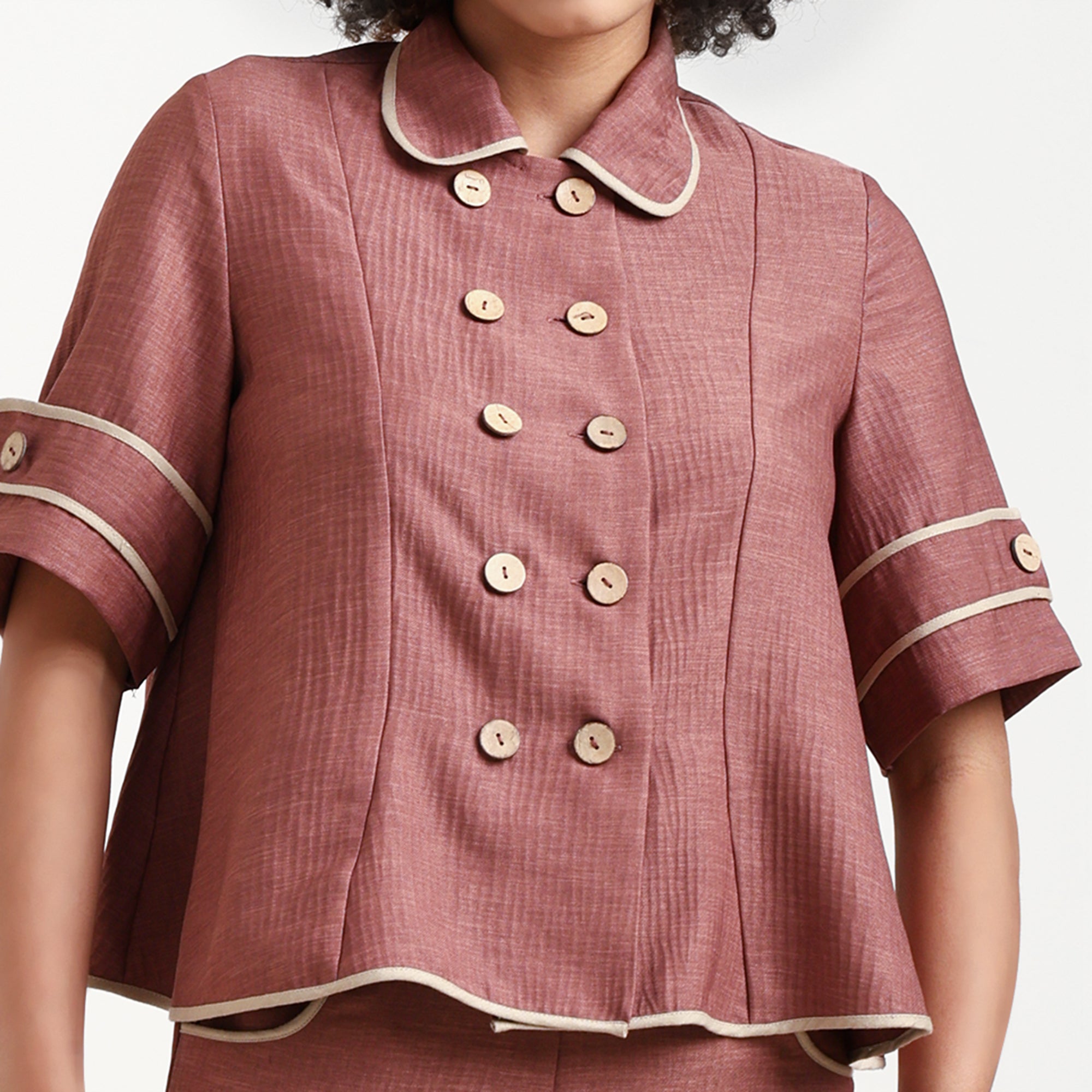 Peach Textured Overlap Top With Beige Piping