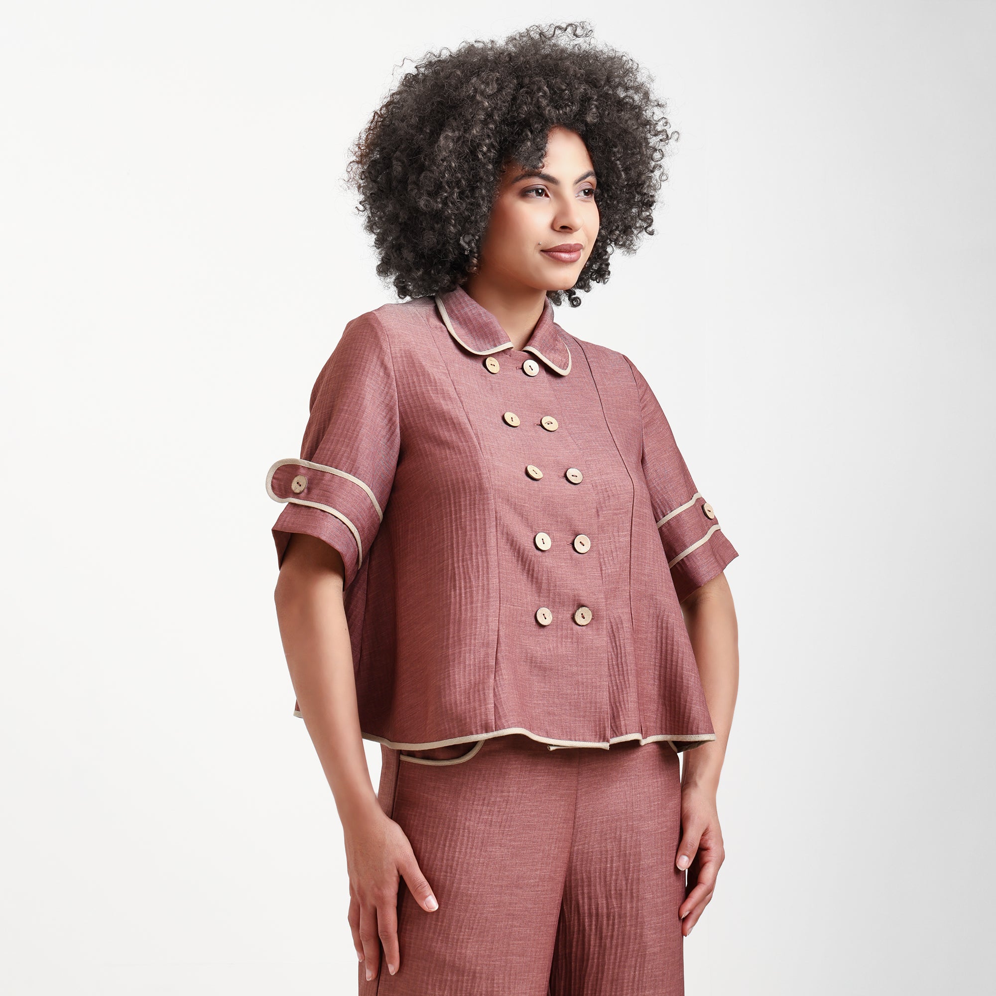 Peach Textured Overlap Top With Beige Piping