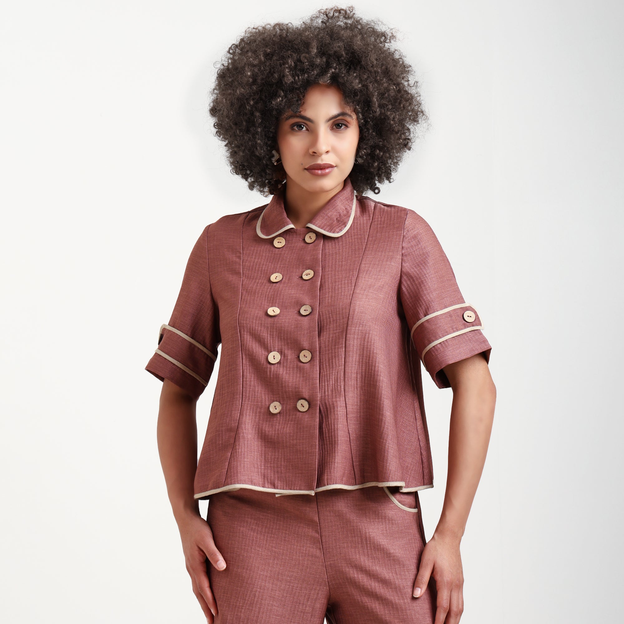 Peach Textured Overlap Top With Beige Piping